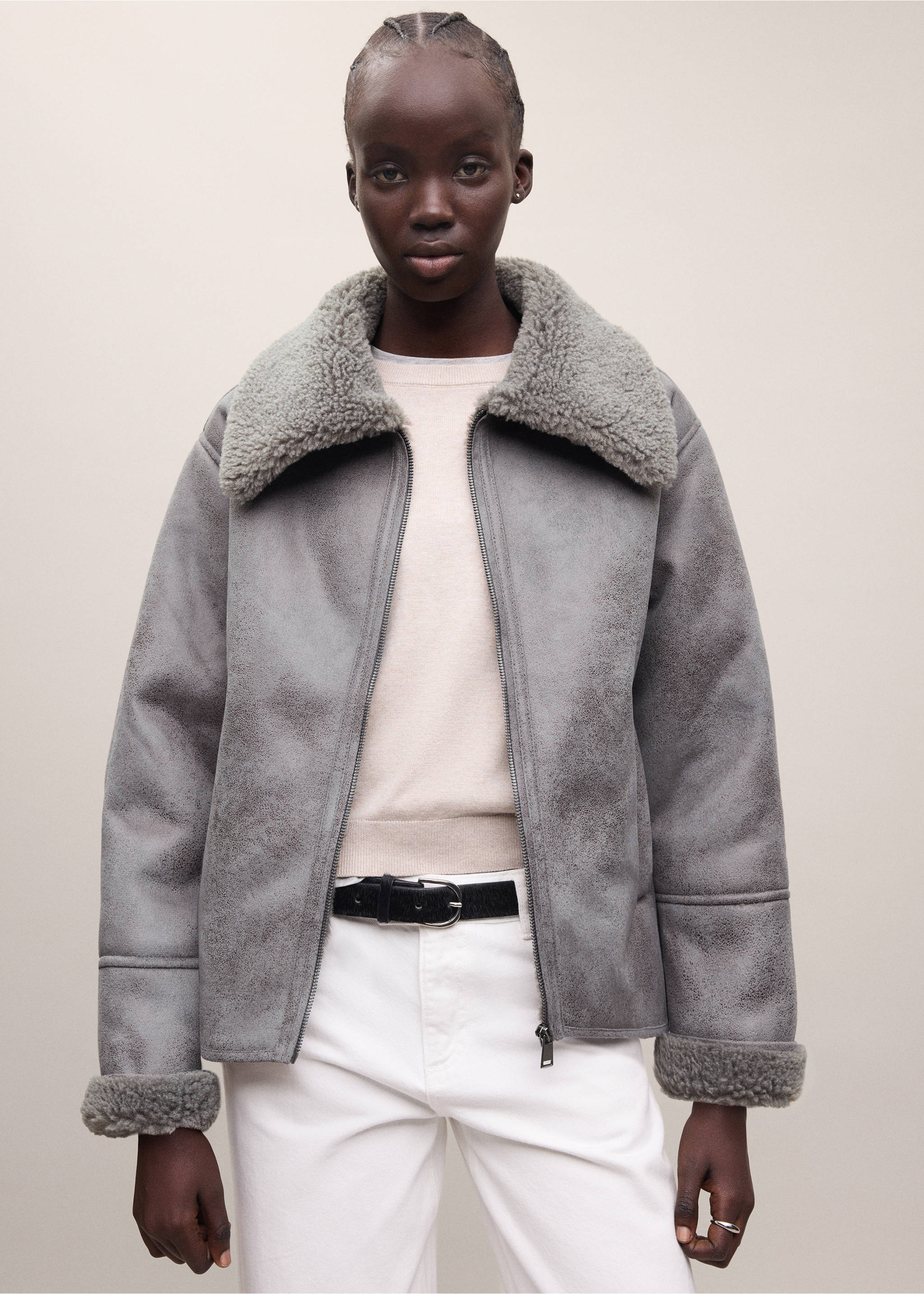 Grey faux-shearling coat with a wide lapel and zip fastening., Grey. Ref: 37038282-01.