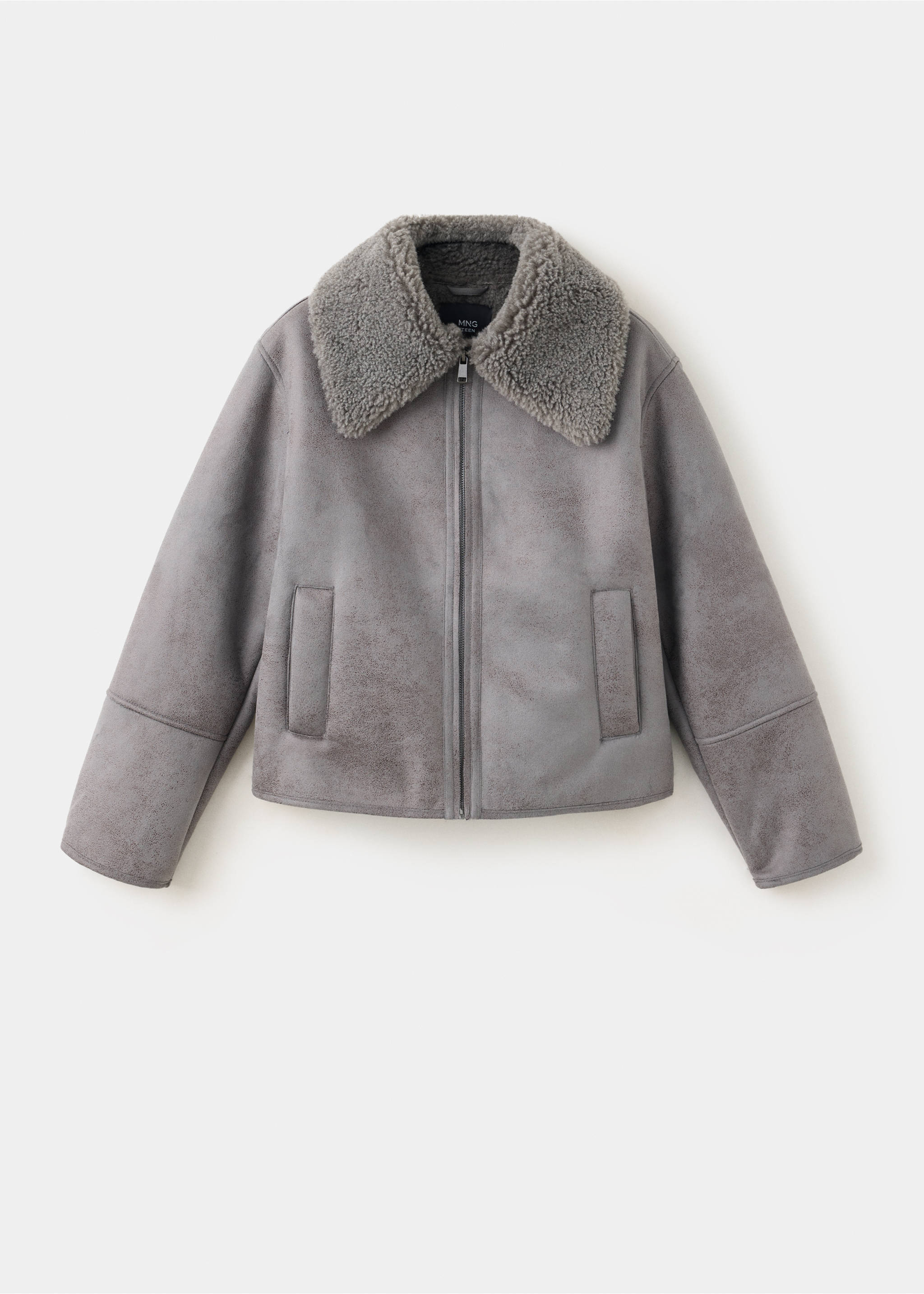 Grey faux-shearling coat with a wide collar and front zip., Grey. Ref: 37038282-00.