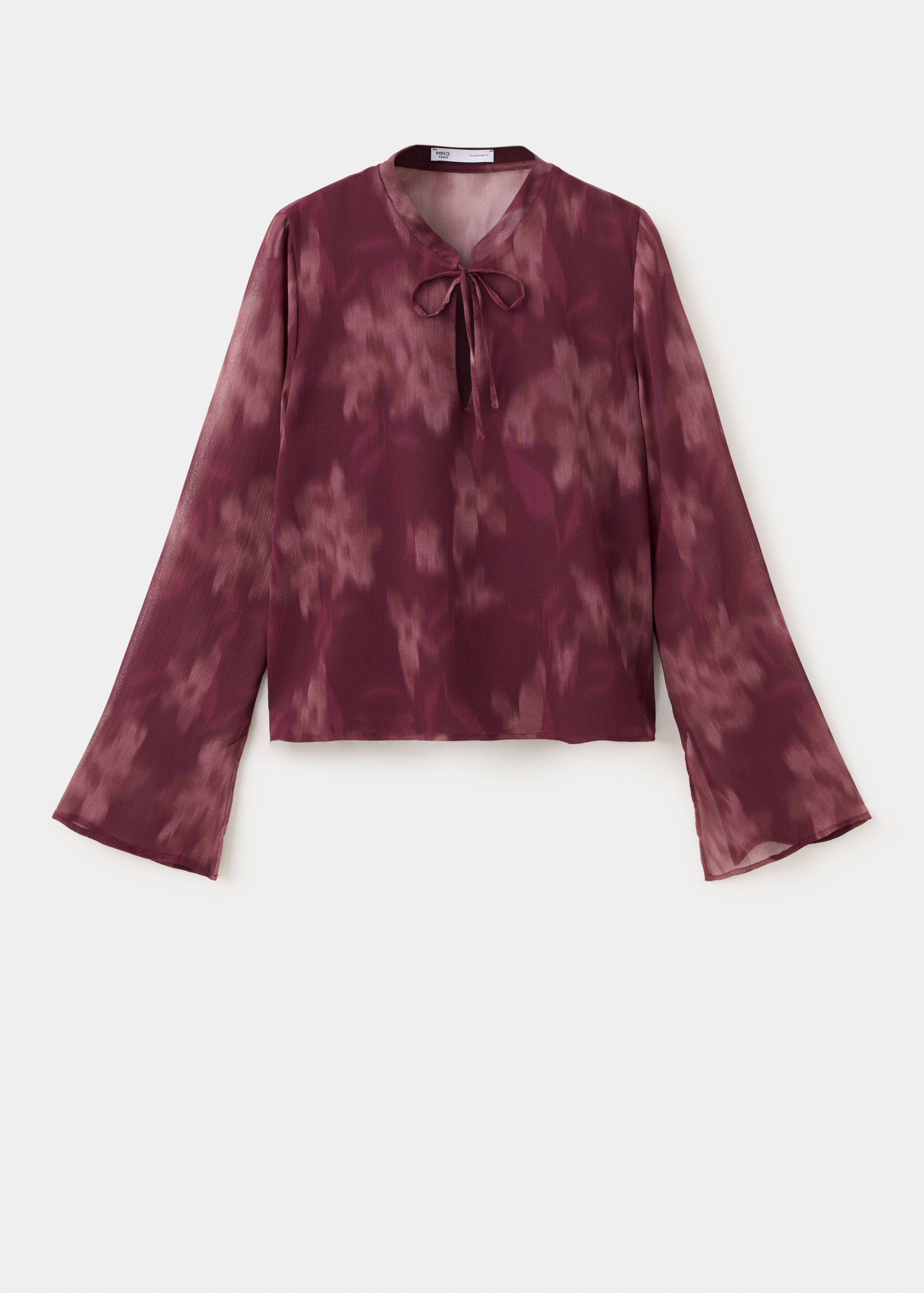 Burgundy floral print shirt with long flared sleeves and a keyhole neck tie.