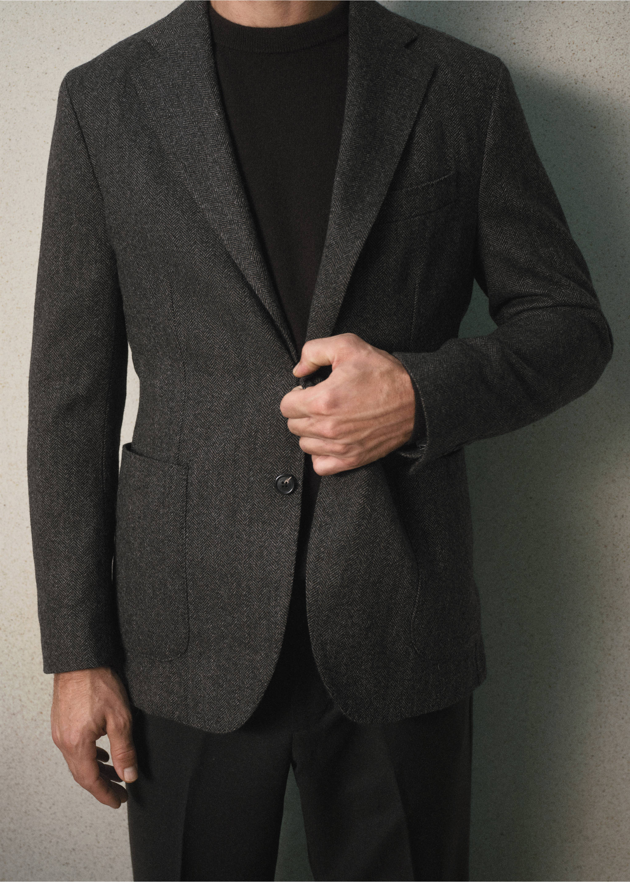 Dark grey herringbone blazer with notch lapels and patch pockets., Brown. Ref: 37038284-00.