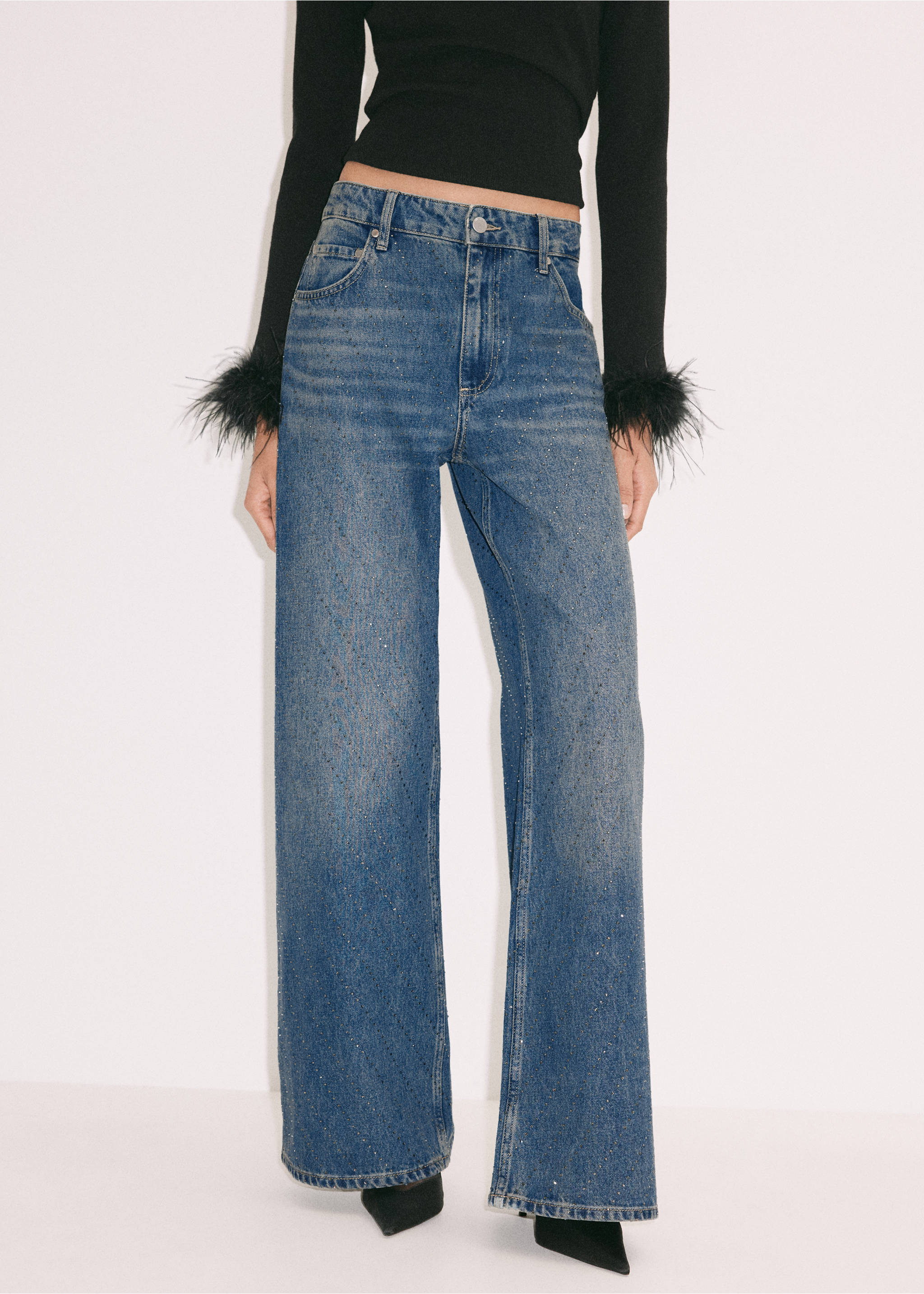 Jeans wide leg brillantes - Plano medio, Azul oscuro. Ref: 37038287-00.