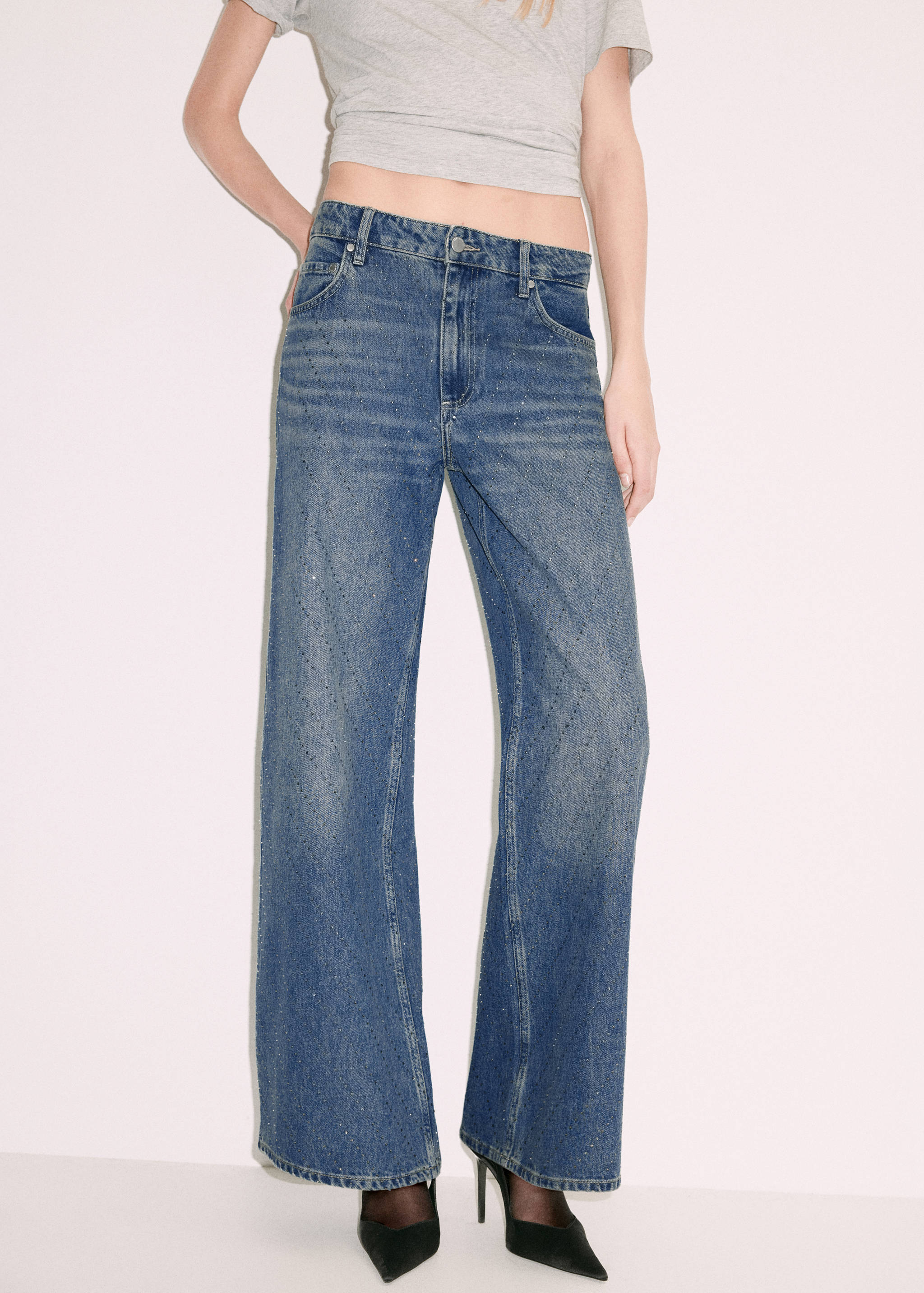 Medium blue crystal-embellished straight-leg denim trousers with a mid-rise waist.