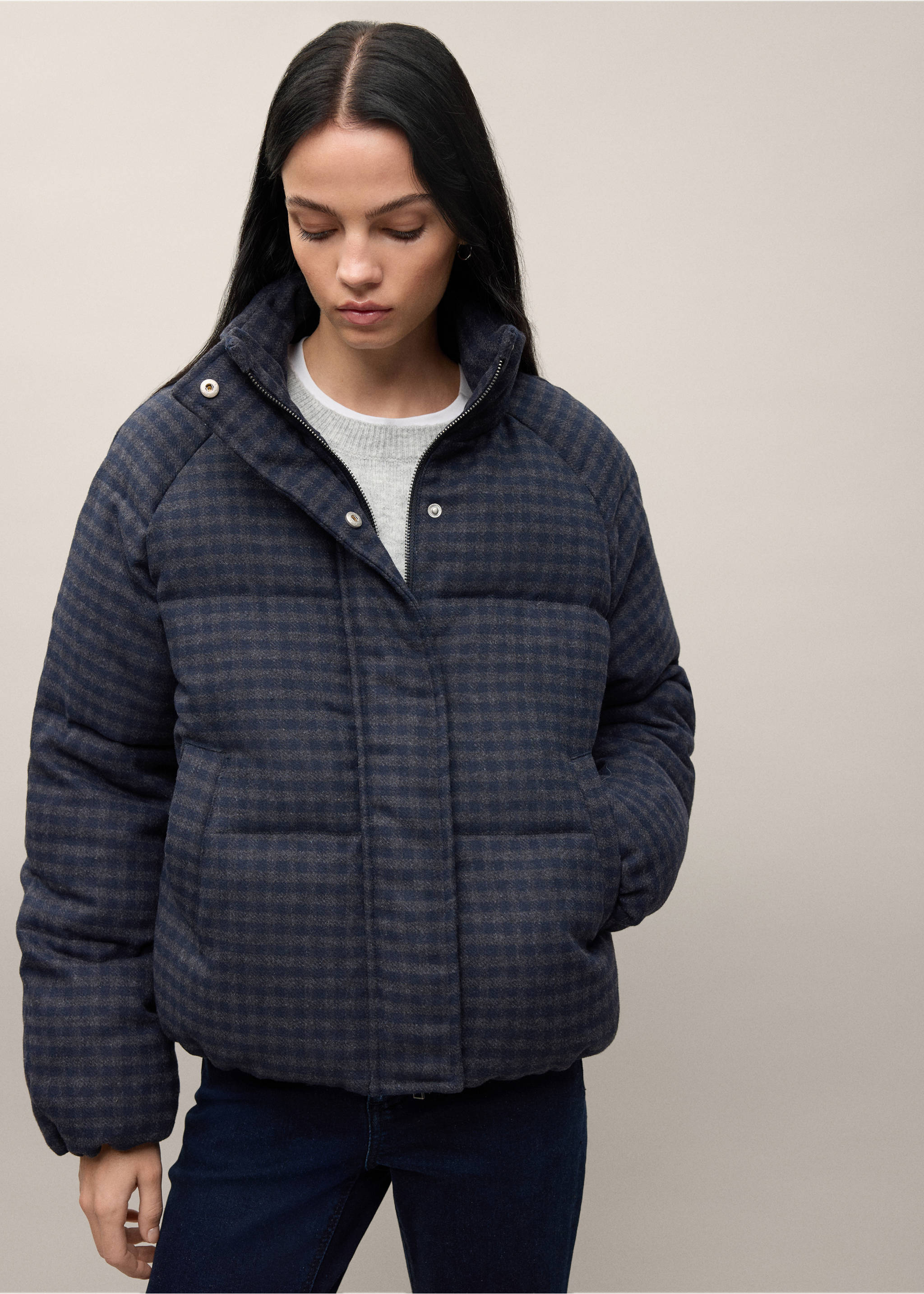 Anorak acolchado cuadros - Plano medio, Azul marino. Ref: 37038630-00.
