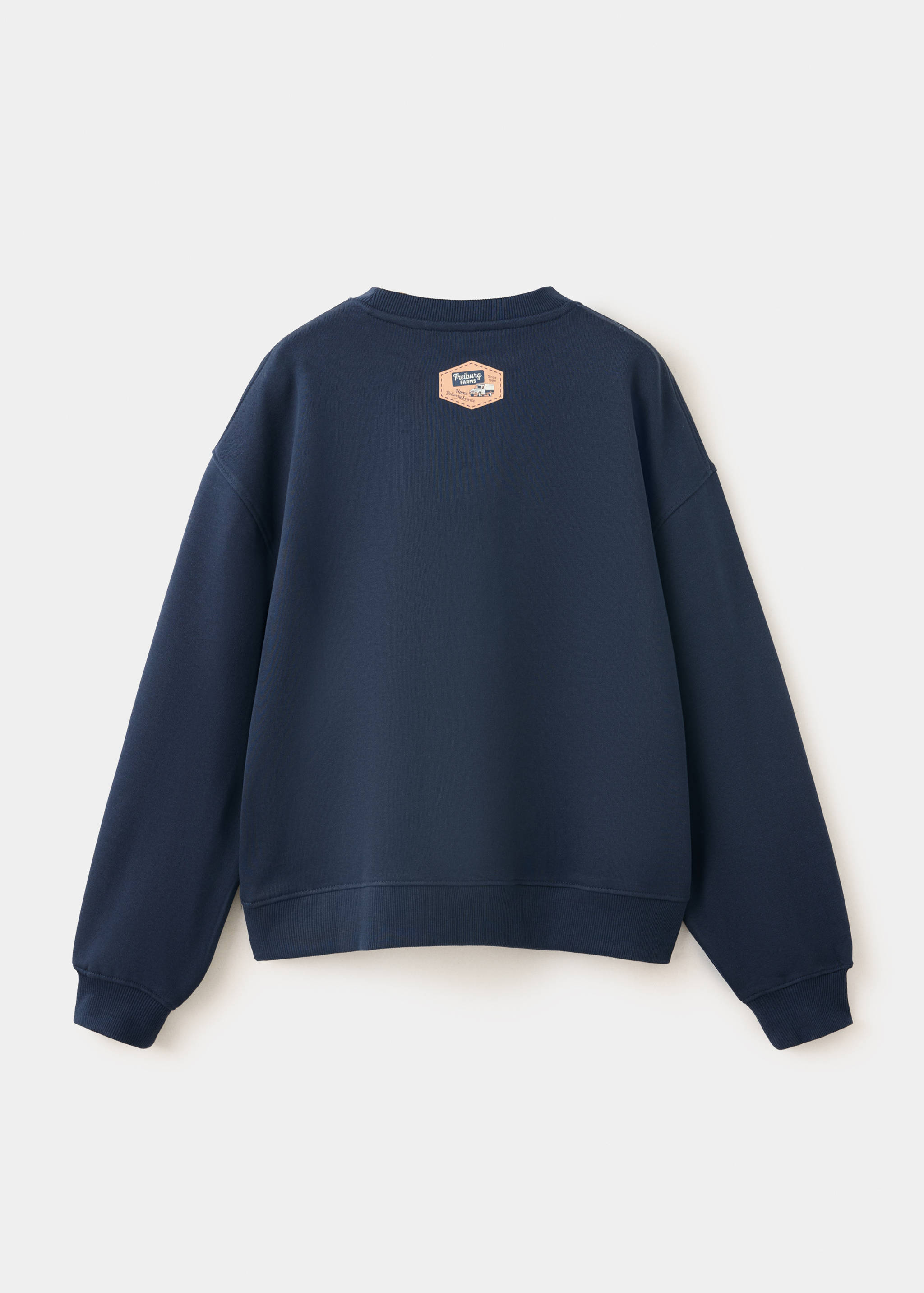Back view of a navy blue kids' sweatshirt with a back patch.
