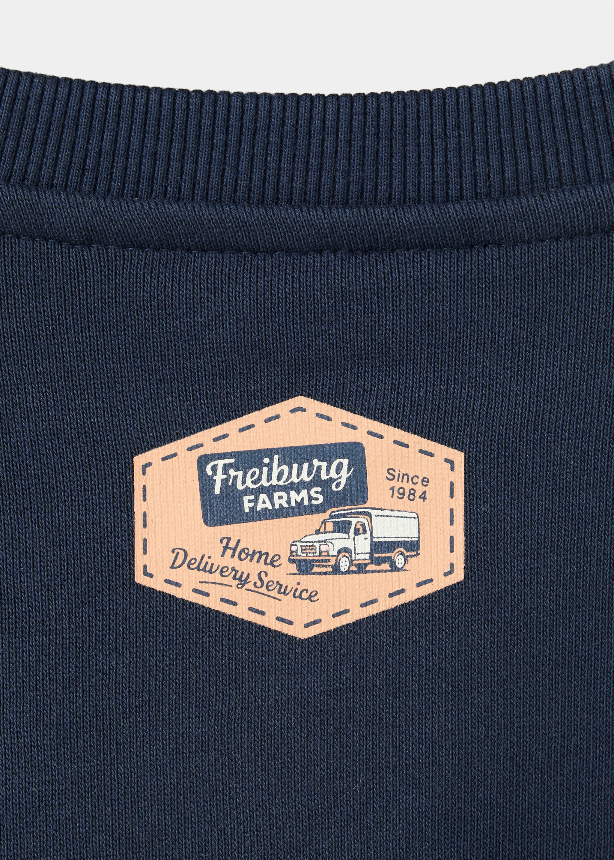 Navy blue kids sweatshirt neckline detail with a peach graphic badge., Navy. Ref: 37038633-00.