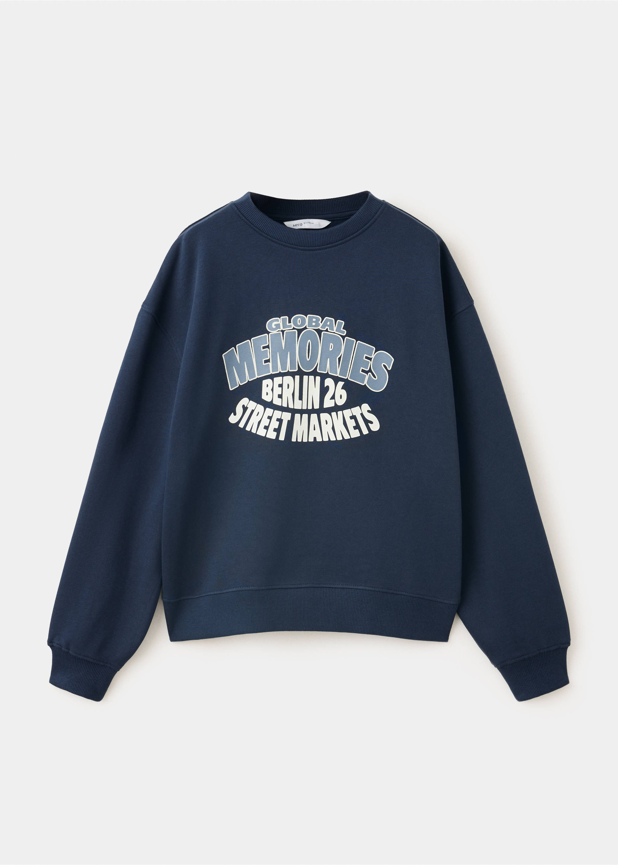 Navy blue kids' sweatshirt with a crew neck and collegiate chest print., Navy. Ref: 37038633-00.