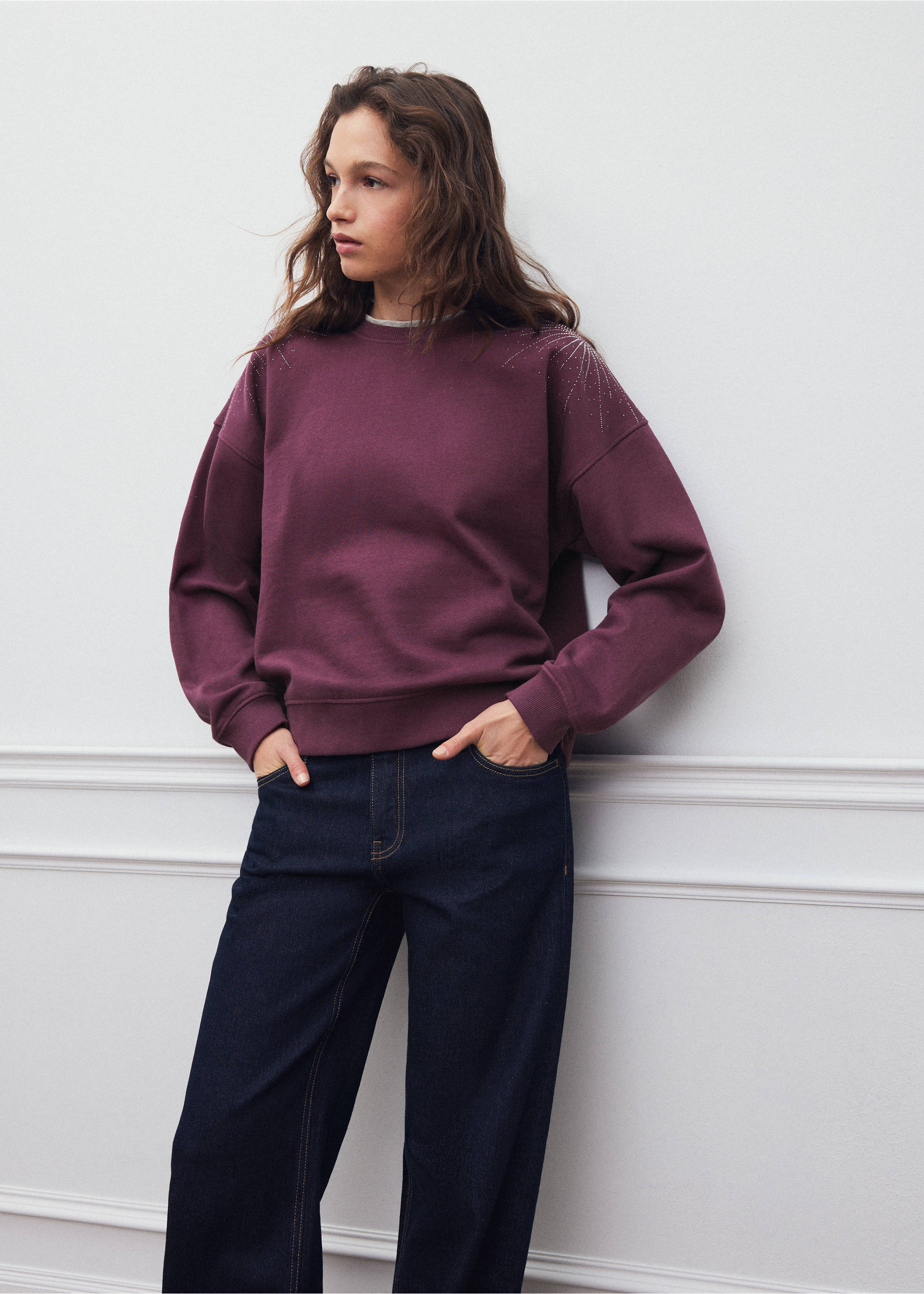 Sweatshirt with rhinestone detail - Medium plane, Wine. Ref: 37038635-00.