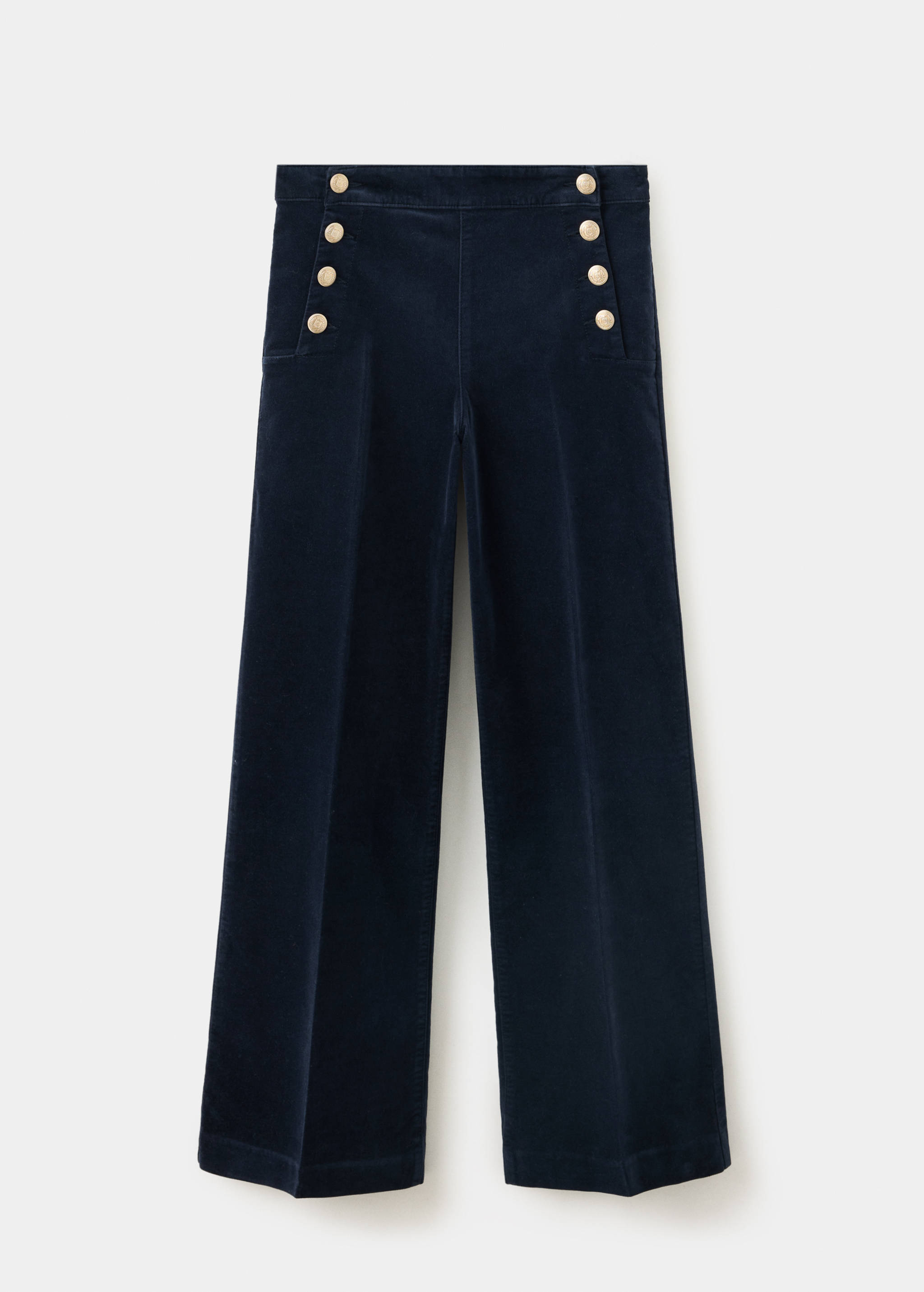 Navy blue high-waisted wide-leg trousers with gold-tone metal buttons.