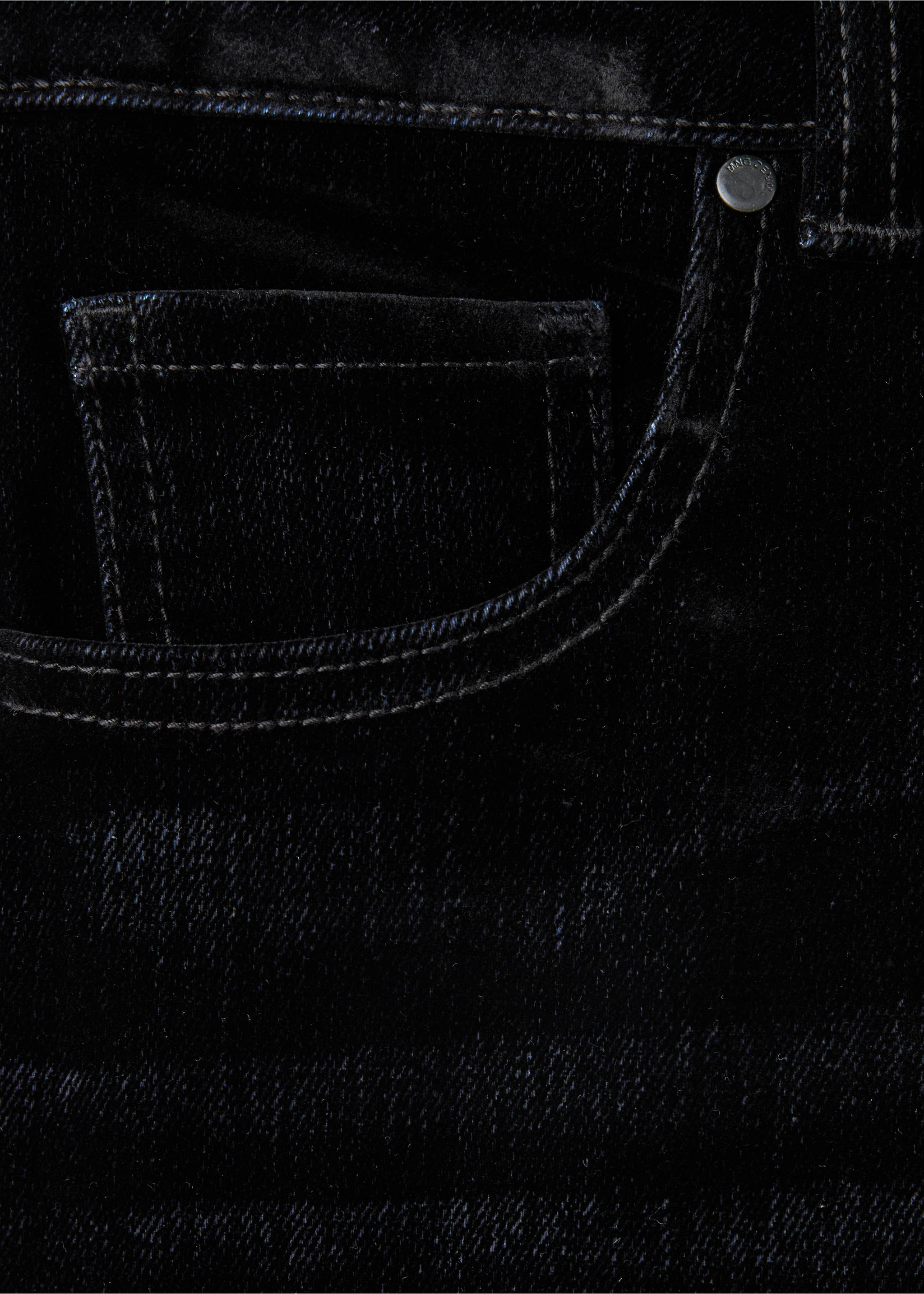 Close-up of dark blue denim trousers featuring a front coin pocket and contrast stitching., Black. Ref: 37039119-00.