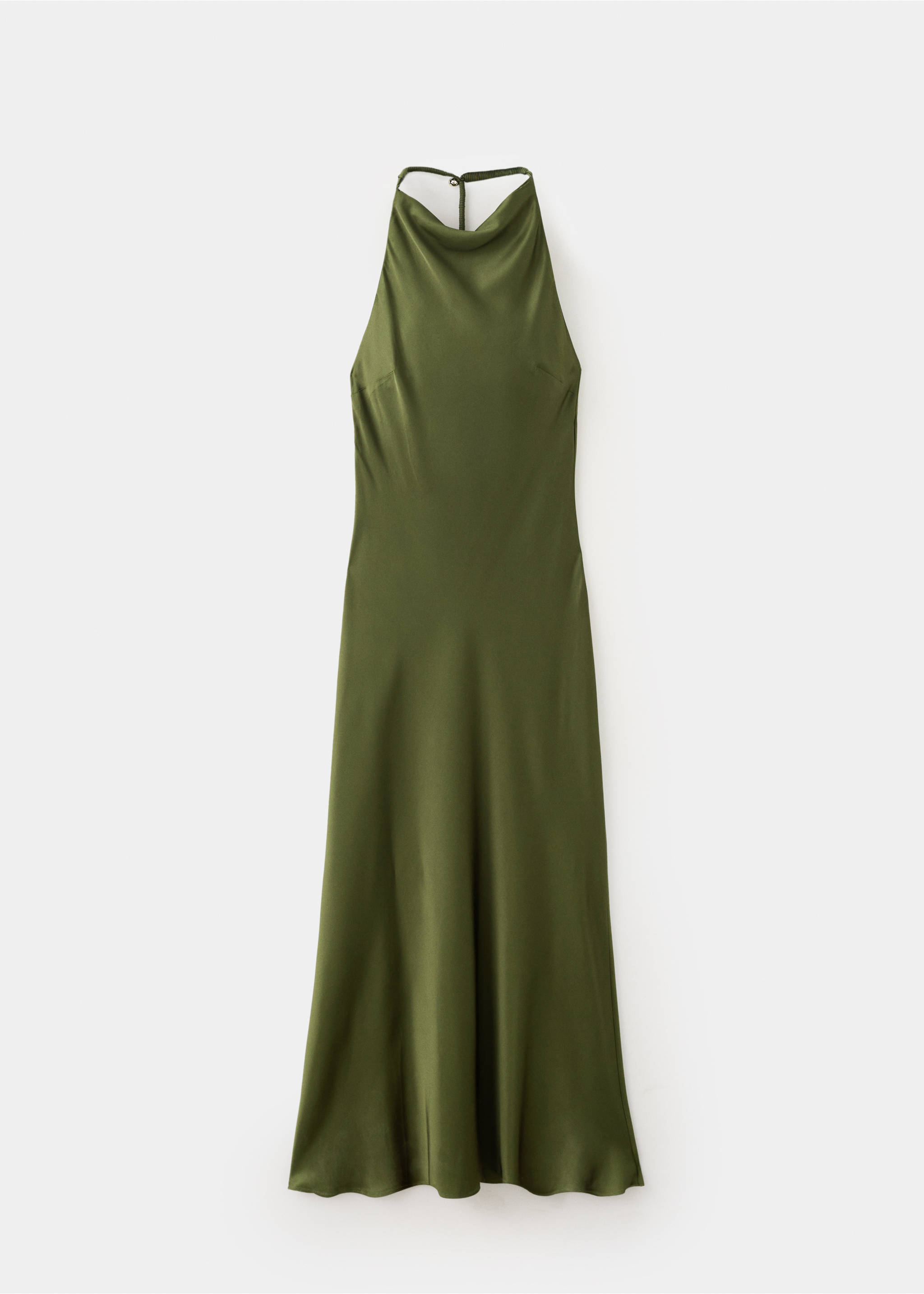 Vestido midi halter de satén en verde oliva con cuello desbocado., Verde. Ref: 37039122-00.