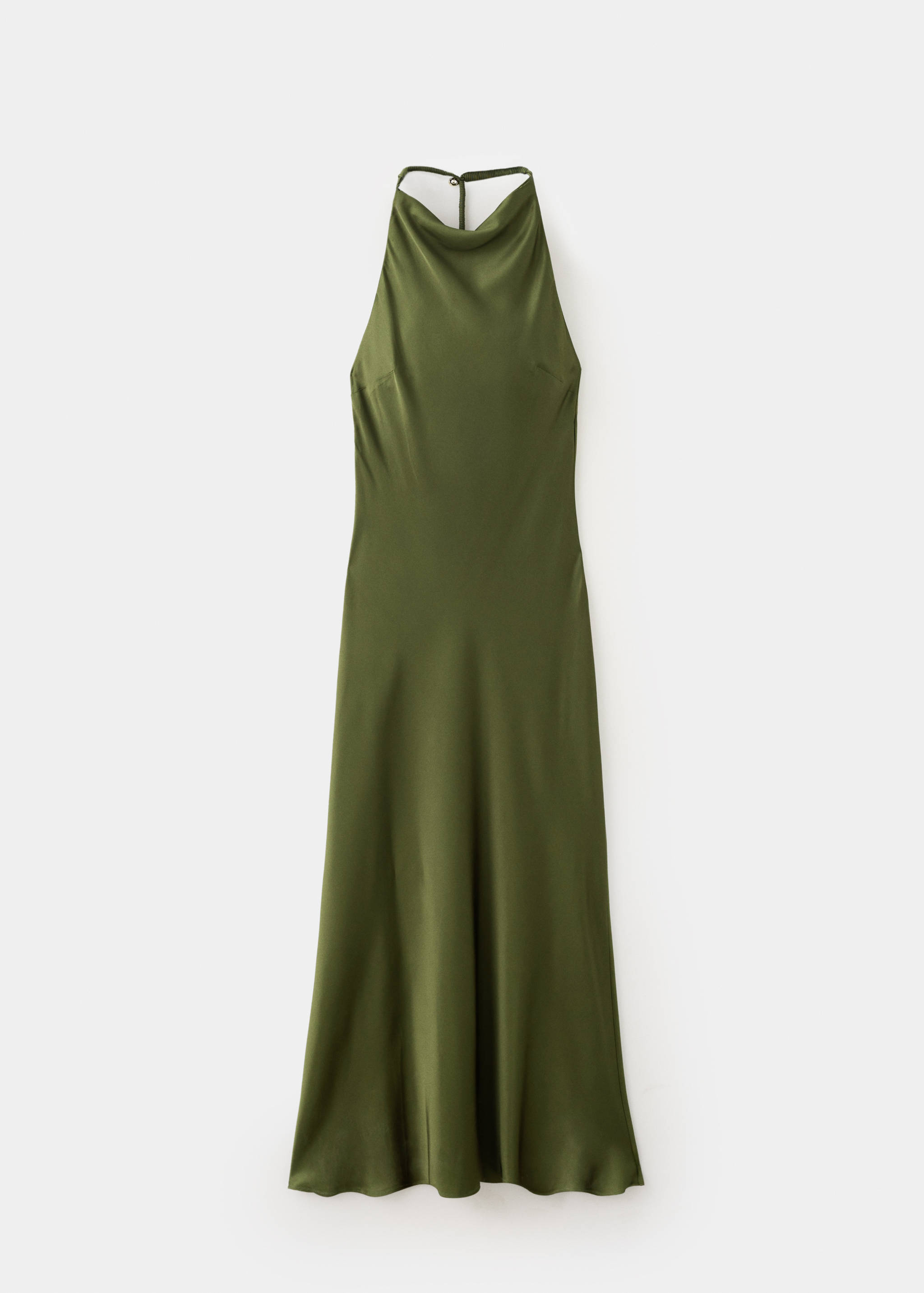 Vestido midi halter de satén en verde oliva con cuello desbocado.