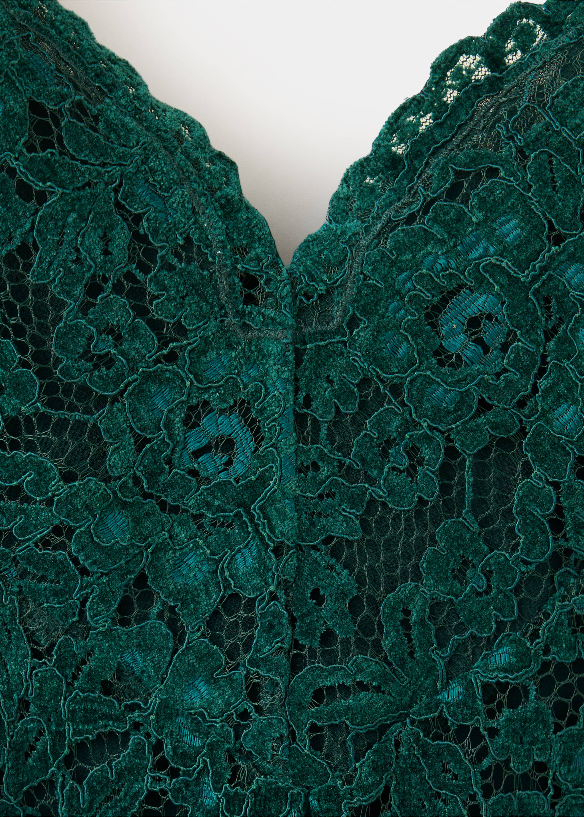 Dark green lace dress detail showing the floral pattern and neckline., Dark Green. Ref: 37039123-00.