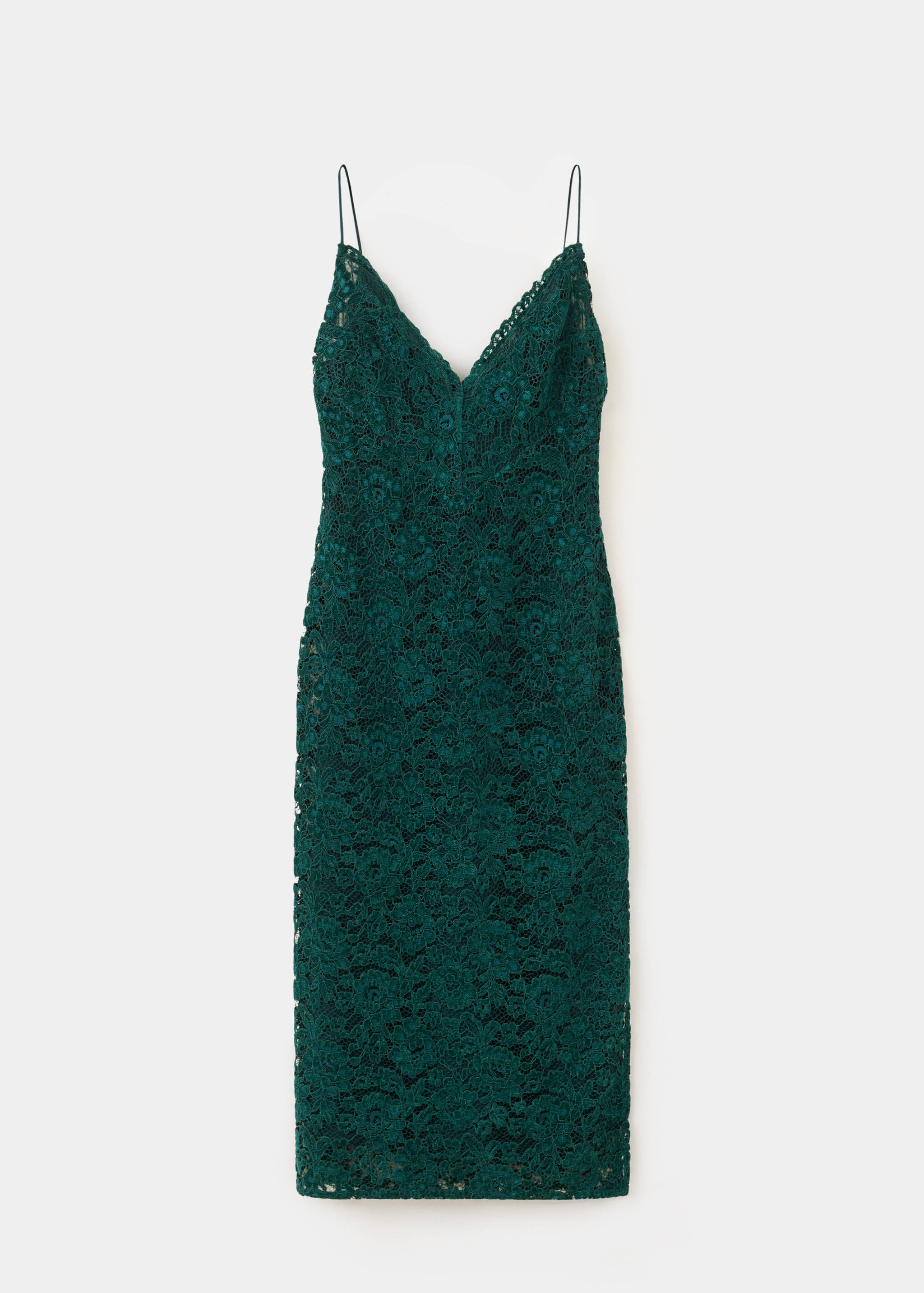 Dark green lace midi slip dress with a V-neckline and thin straps.
