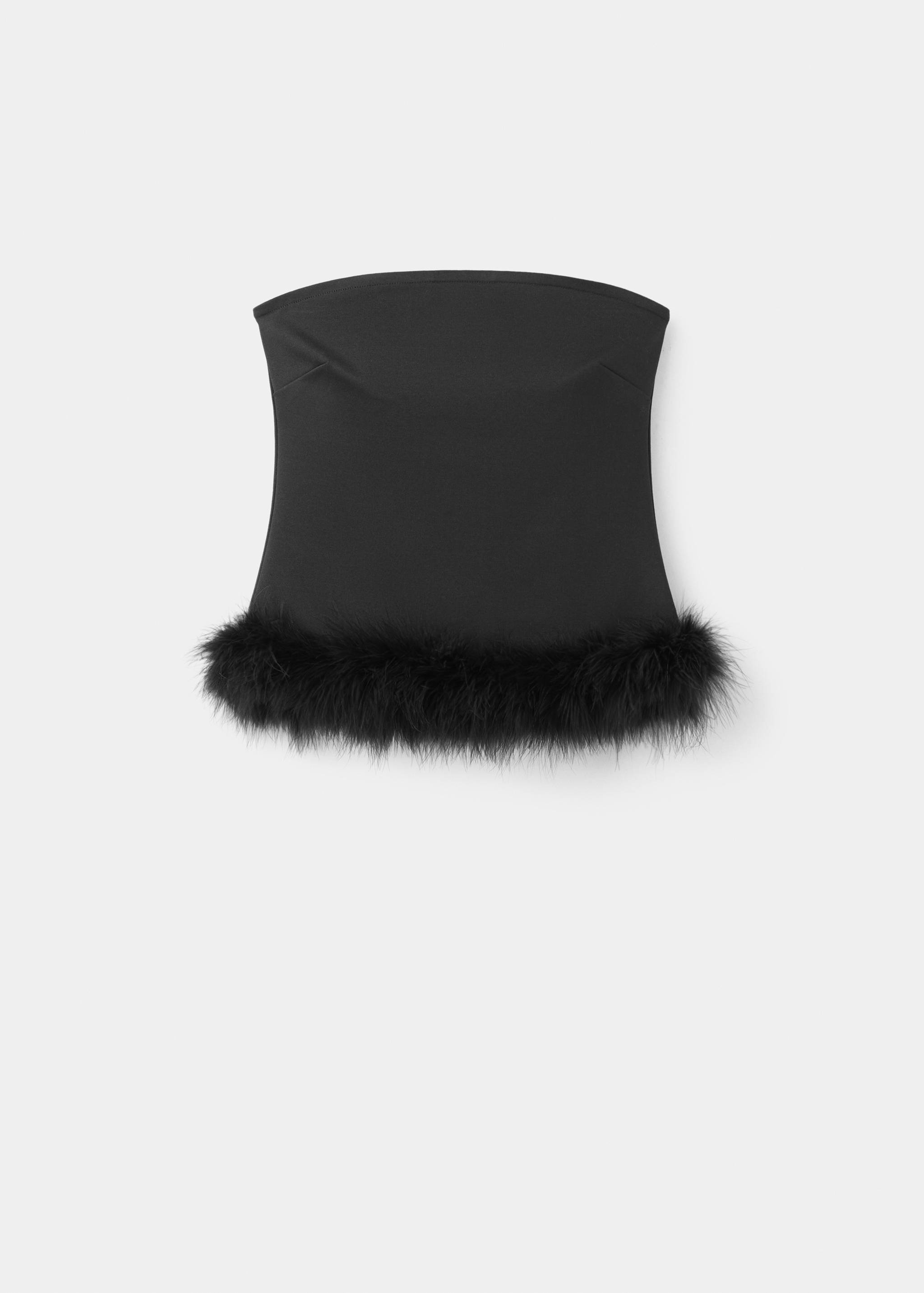 Black strapless bandeau top with a fluffy faux-feather hem.