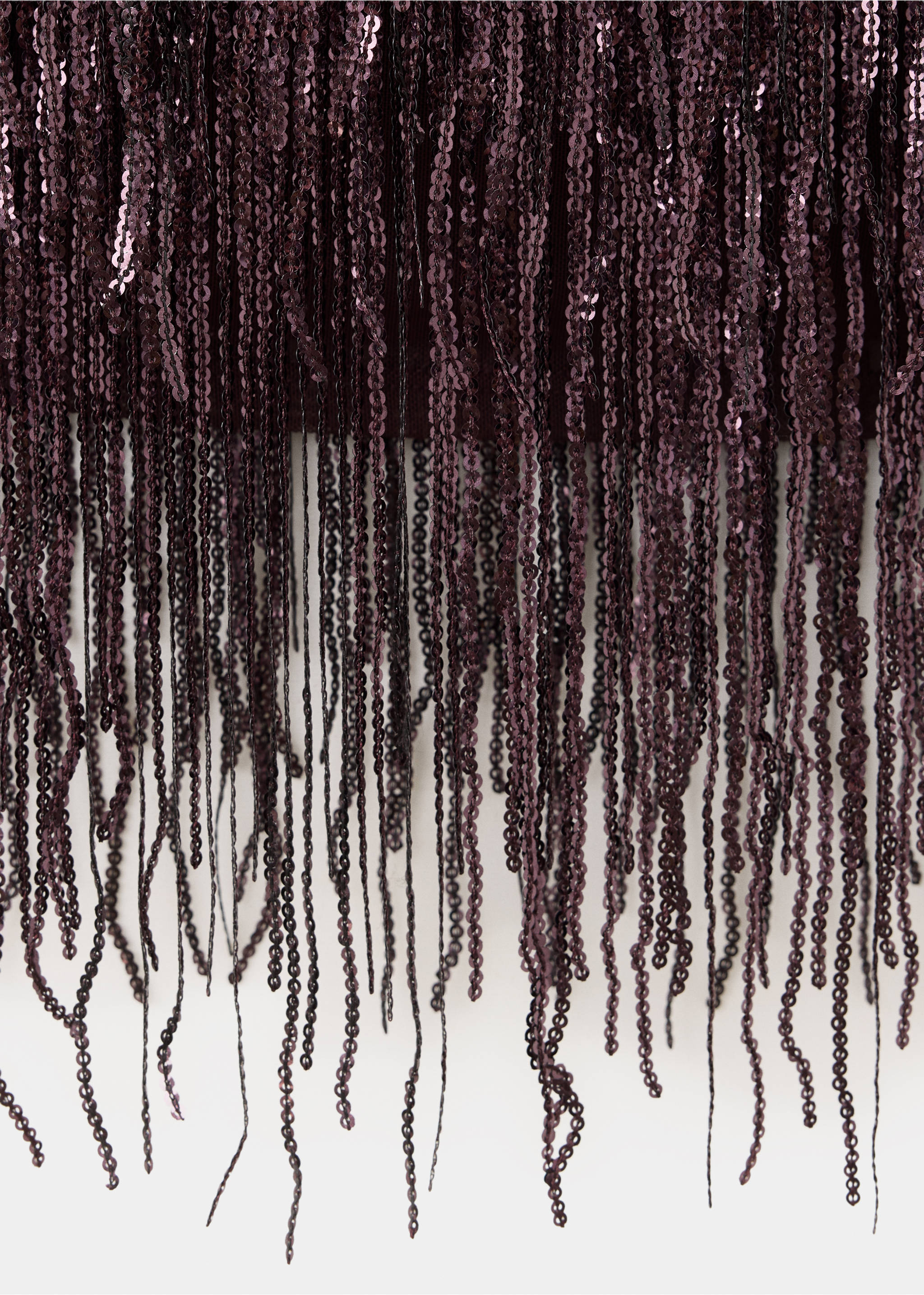 Dark plum top with long dangling sequin fringe detail., Burgundy. Ref: 37039125-00.