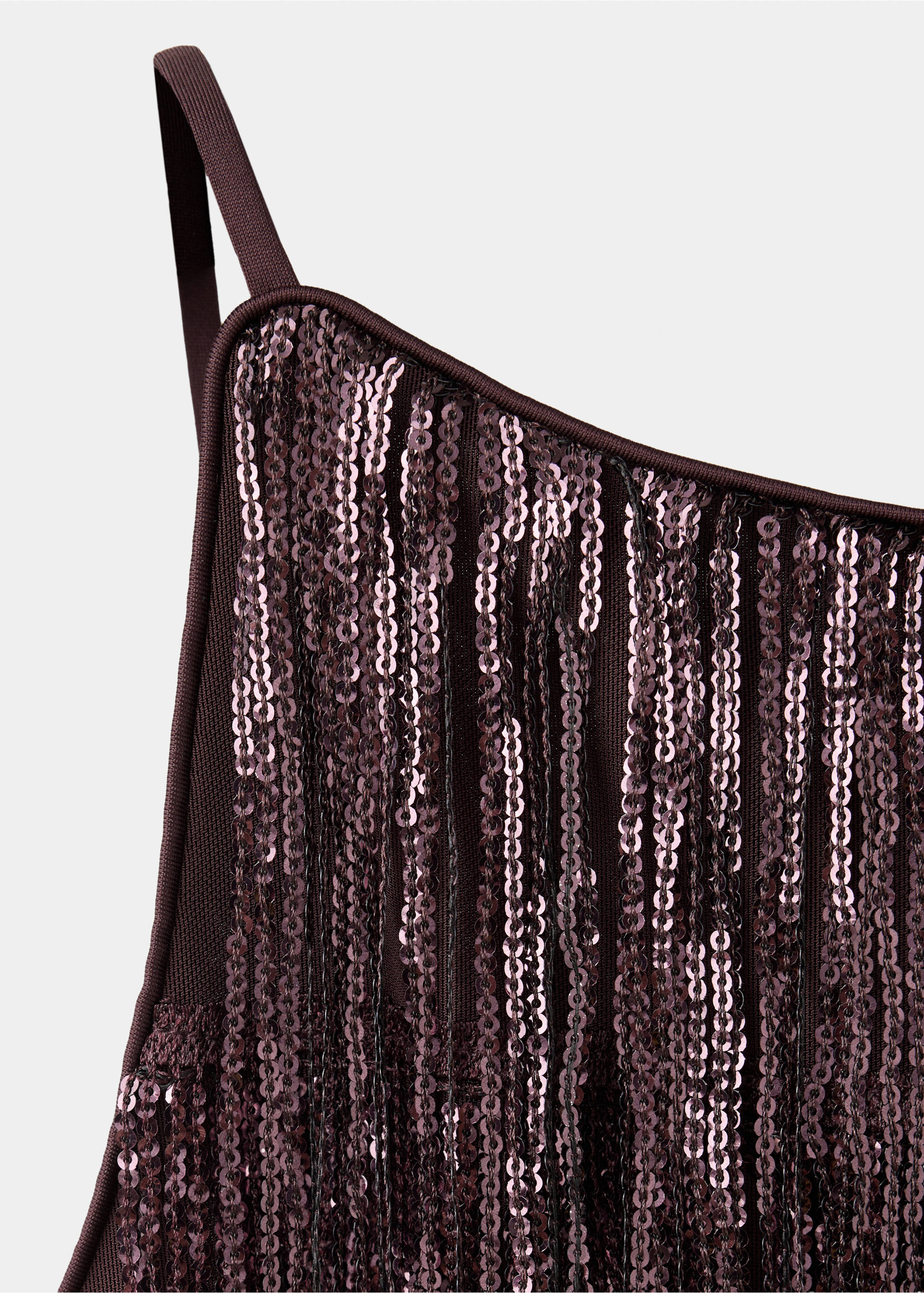 Close-up of a dark plum sequin top with thin shoulder straps., Burgundy. Ref: 37039125-00.