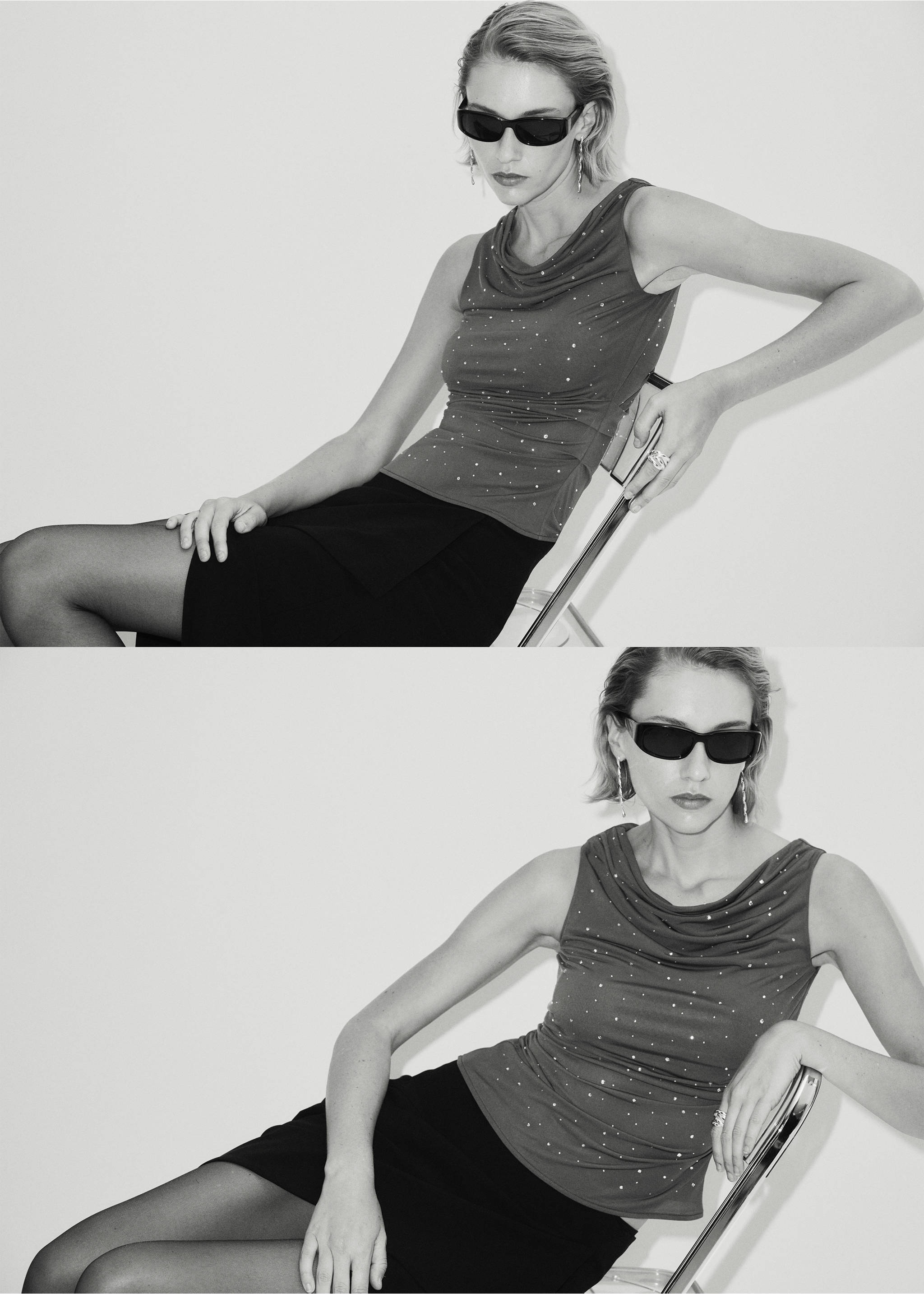 Sleeveless cowl-neck top with rhinestone embellishments, worn with sunglasses and a skirt., Silver. Ref: 37039126-00.
