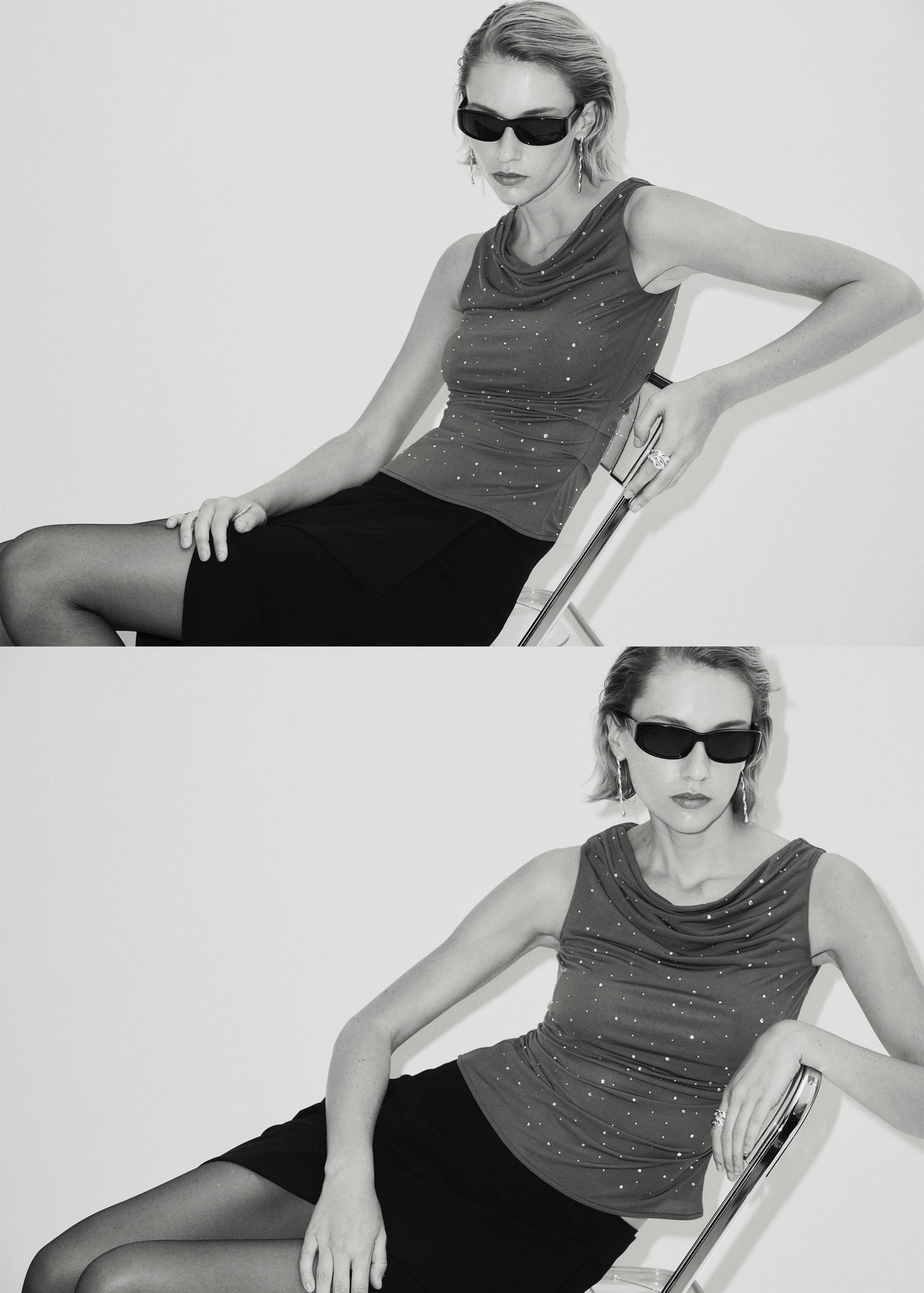 Sleeveless cowl-neck top with rhinestone embellishments, worn with sunglasses and a skirt.