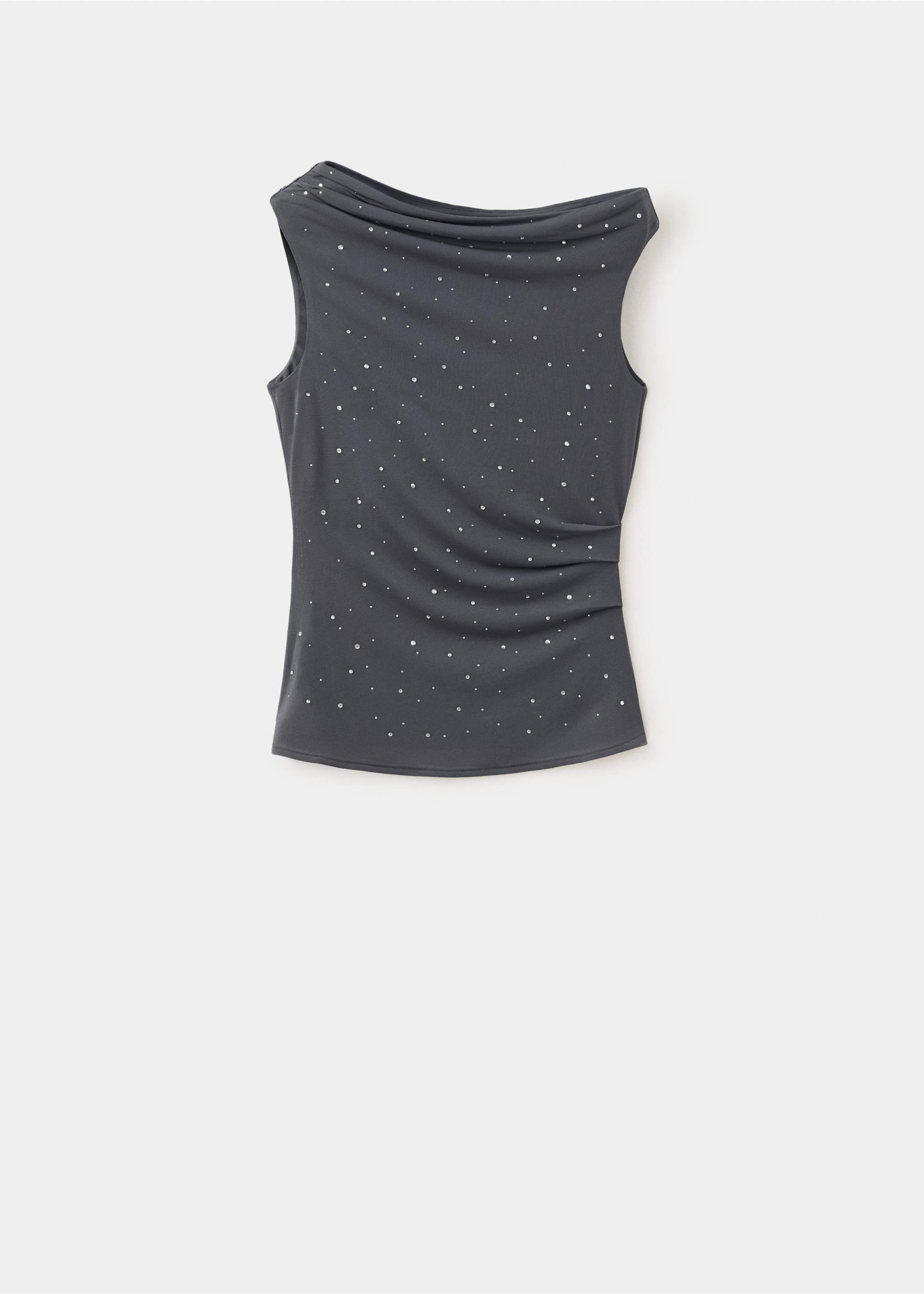Dark grey sleeveless top with an asymmetrical draped neckline and rhinestone embellishments., Silver. Ref: 37039126-00.