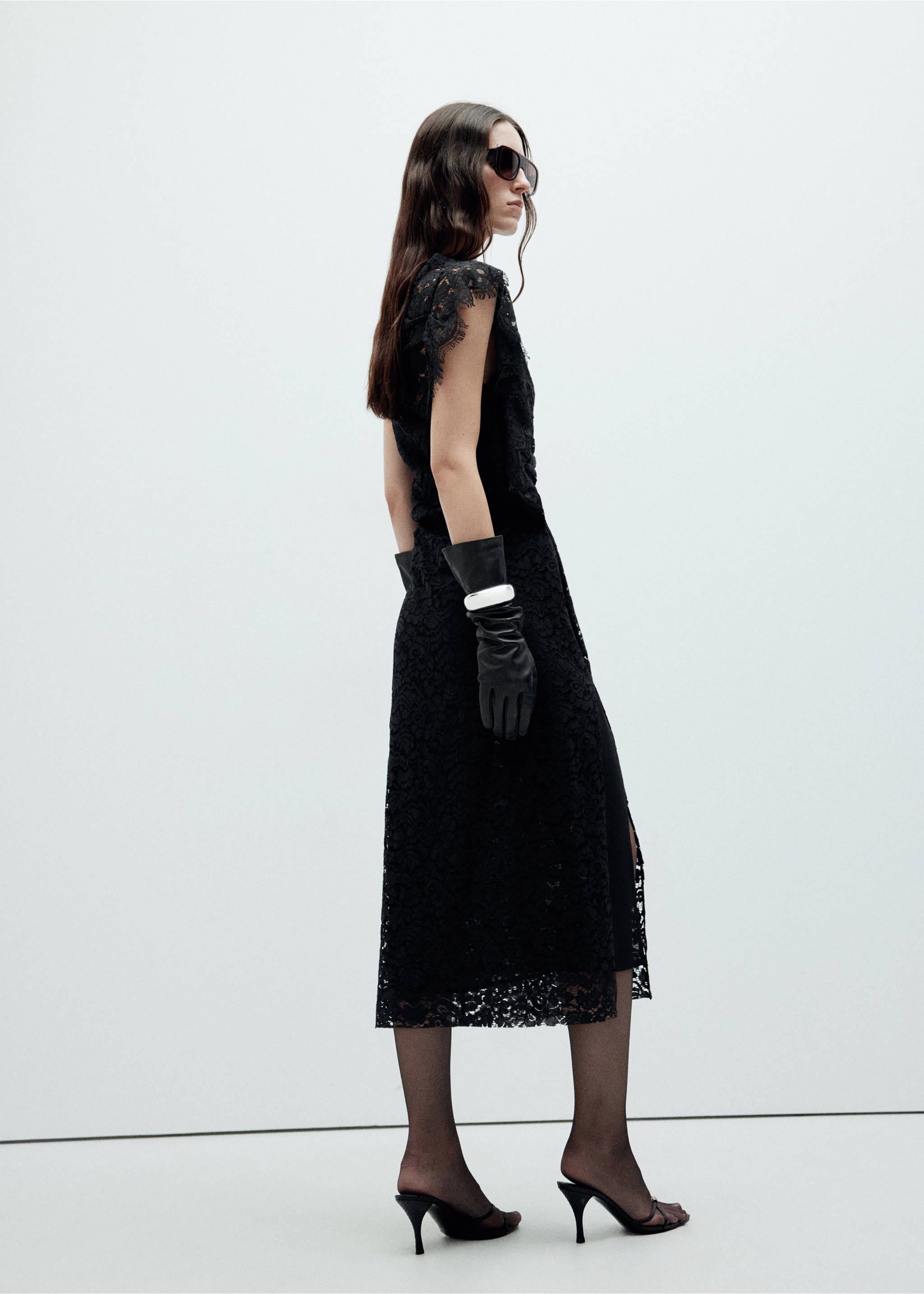 Black lace midi dress shown from the back, featuring cap sleeves., Black. Ref: 37039127-00.