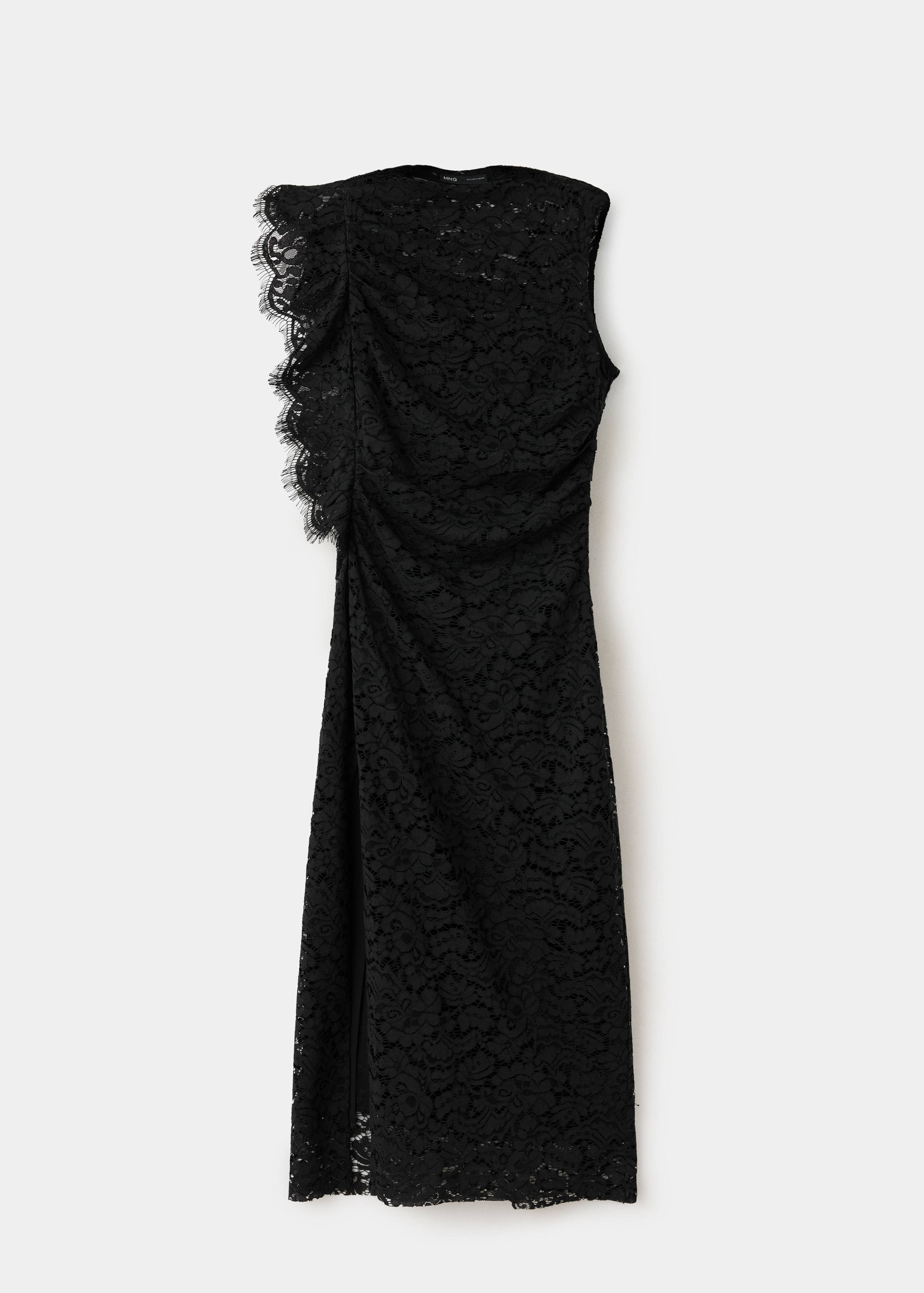 Black lace midi dress with sleeveless silhouette and ruffled trim.