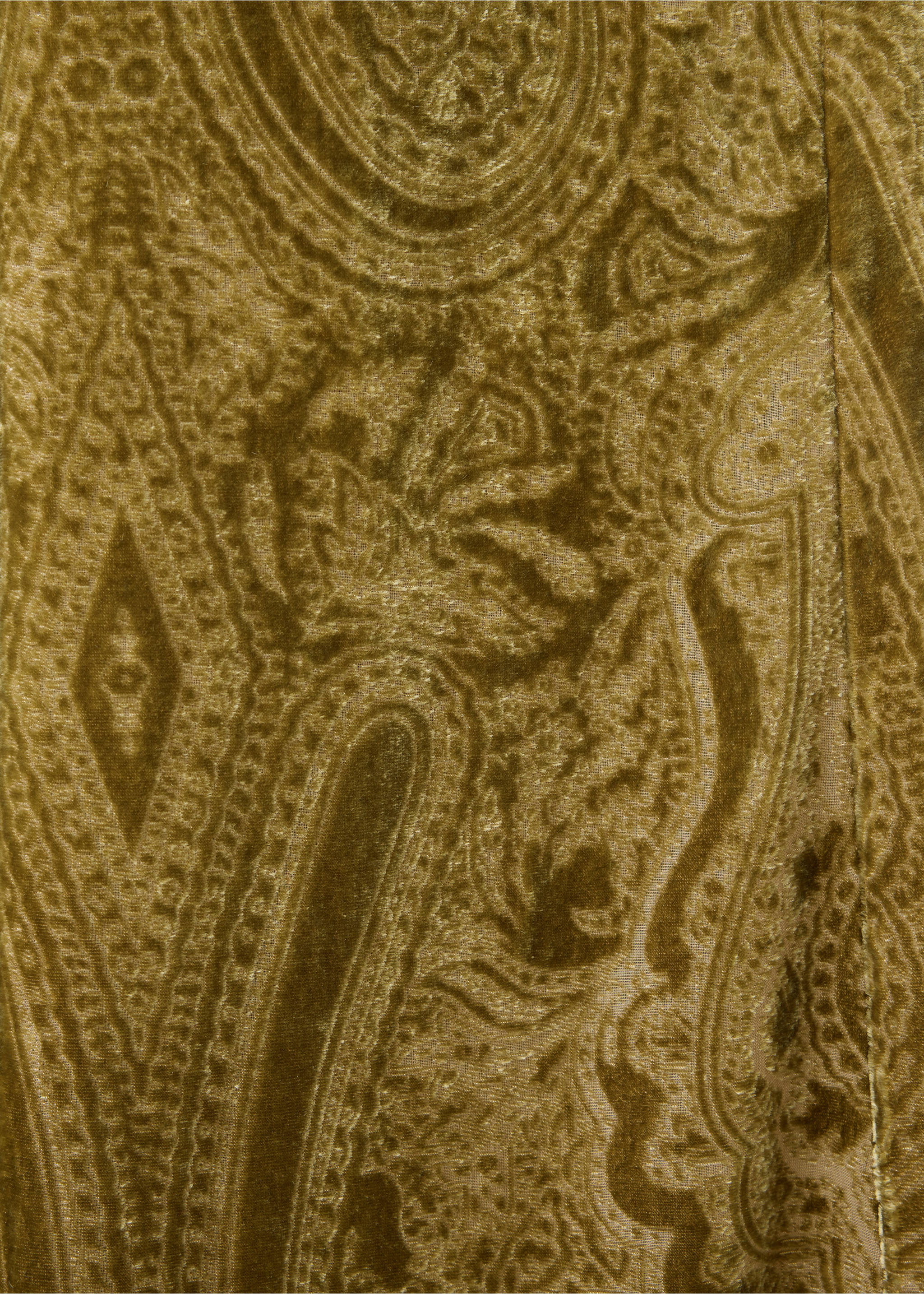 Close-up of olive green velvet trousers with an ornate paisley print., Green. Ref: 37039129-00.