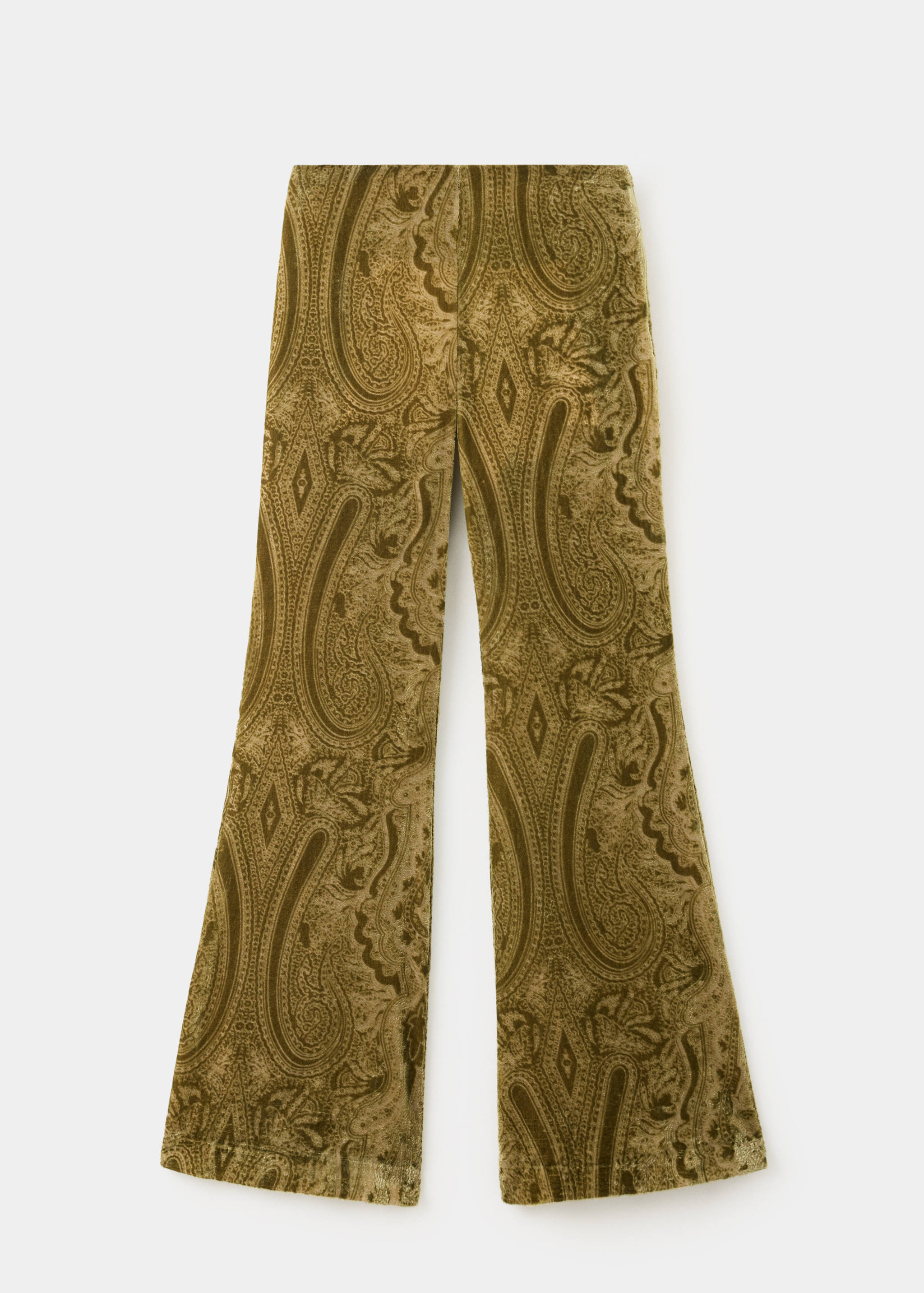 Olive green velvet trousers with an all-over tonal paisley pattern.