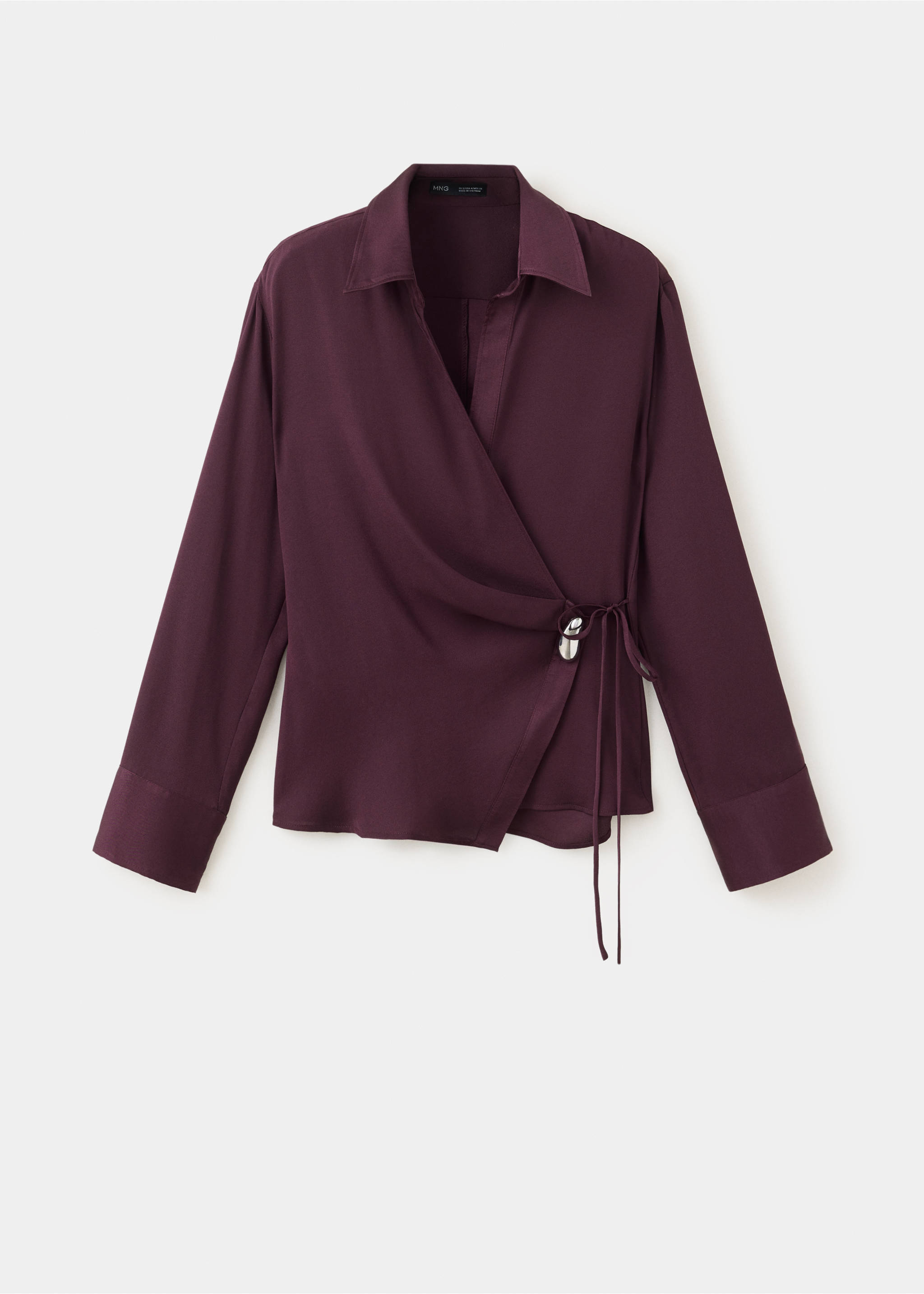 Dark plum wrap shirt with long sleeves, a V-neckline, and a metallic side toggle fastening., Burgundy. Ref: 37039130-00.