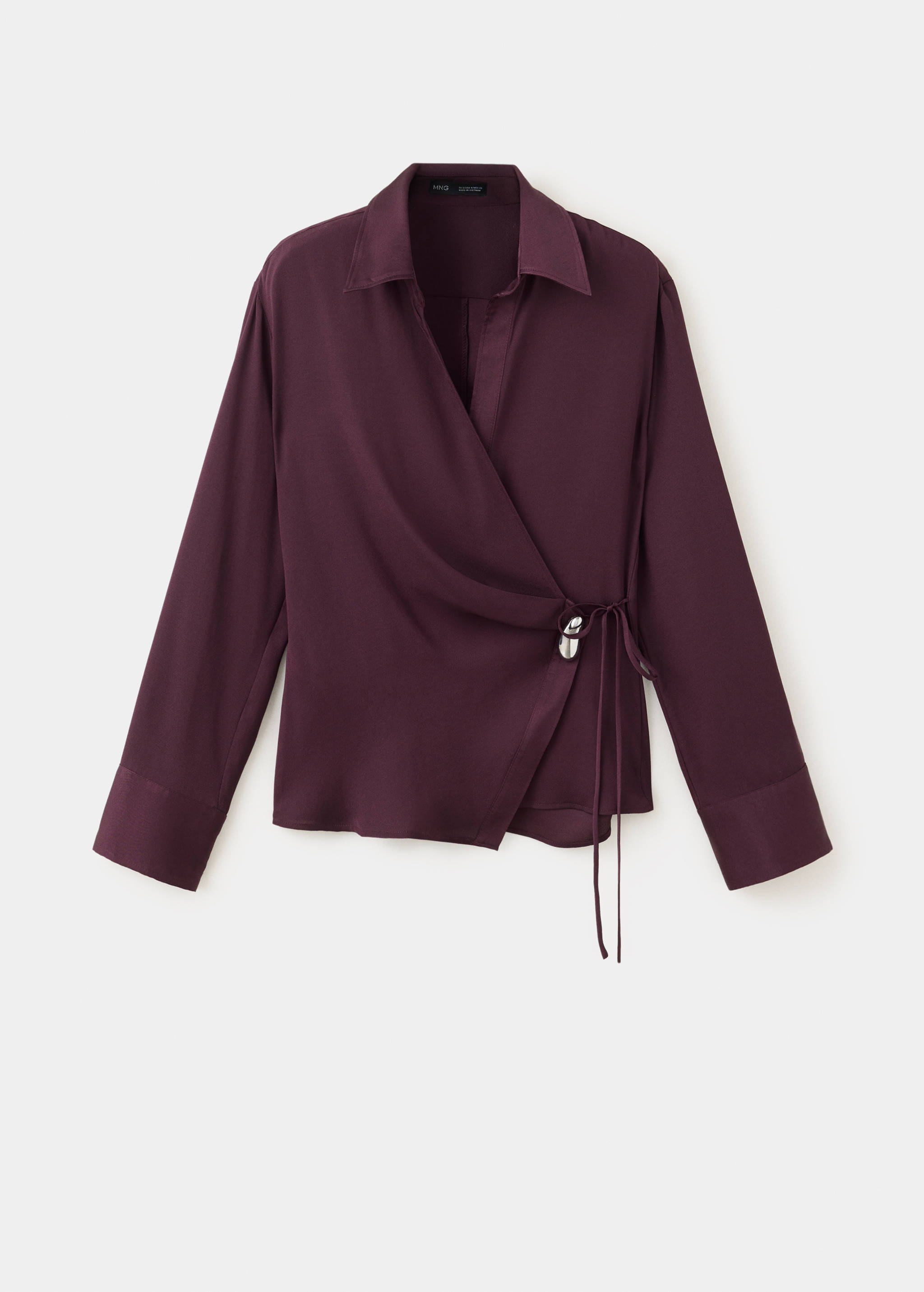 Dark plum wrap shirt with long sleeves, a V-neckline, and a metallic side toggle fastening.