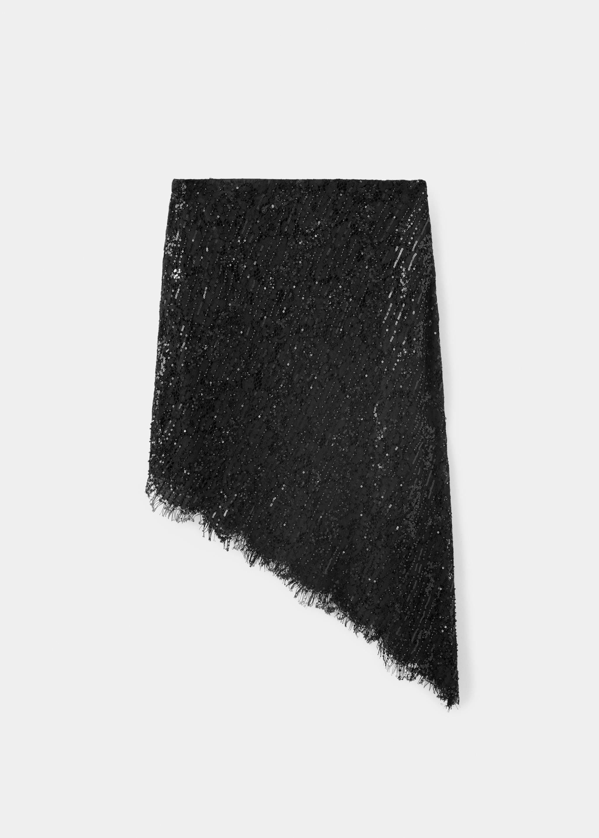Black sequin skirt with an asymmetrical fringe hem.