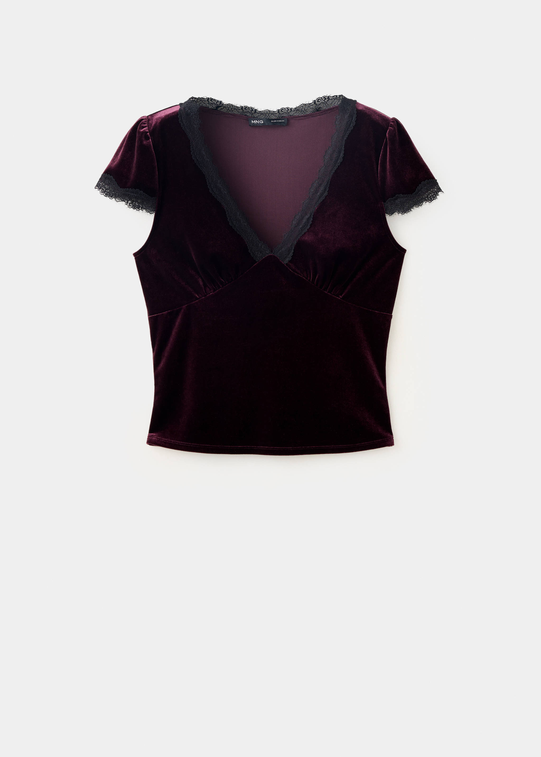 Burgundy velvet V-neck top with black lace trim and cap sleeves.