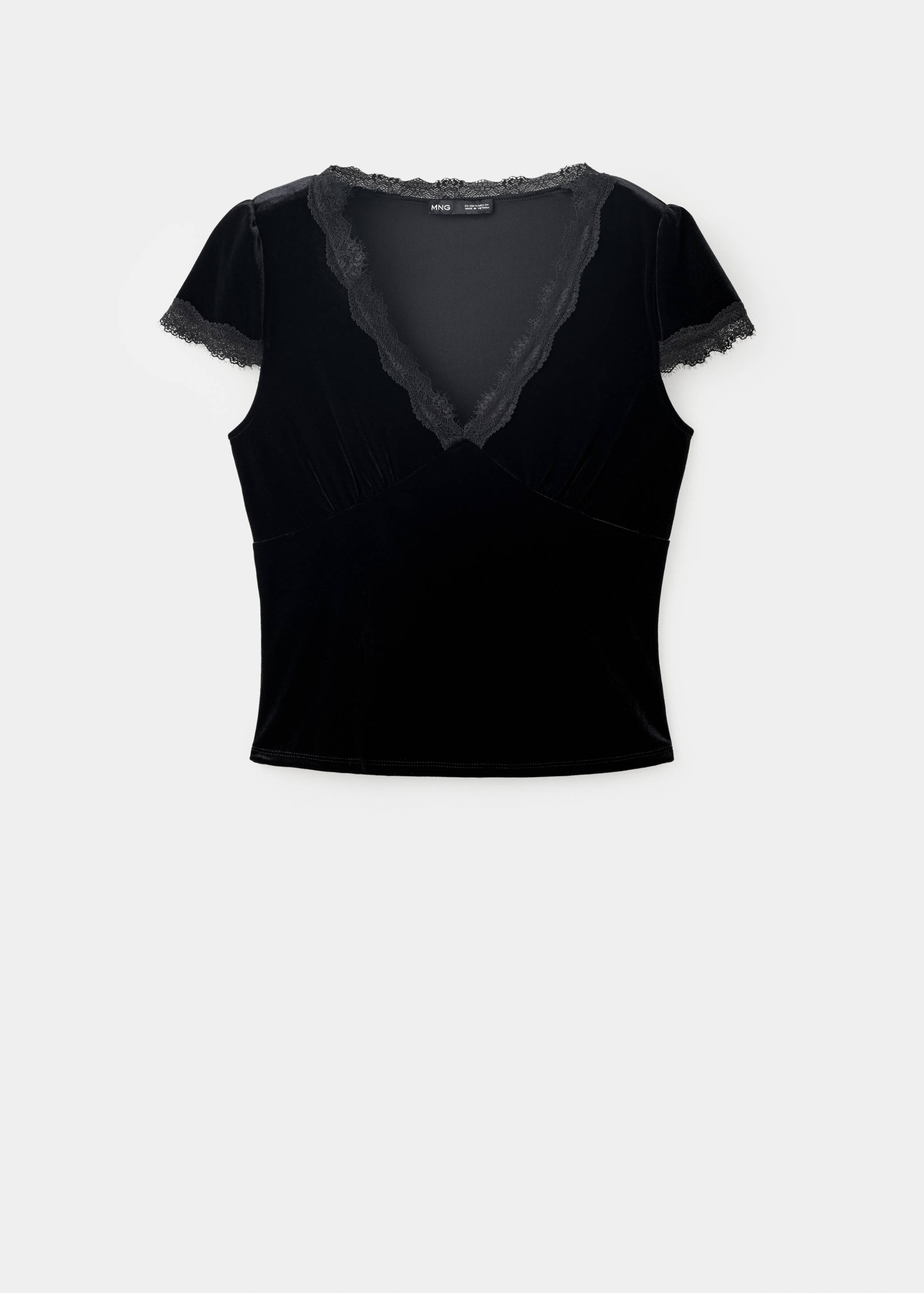 Black velvet top with short sleeves, V-neck, and lace trim.