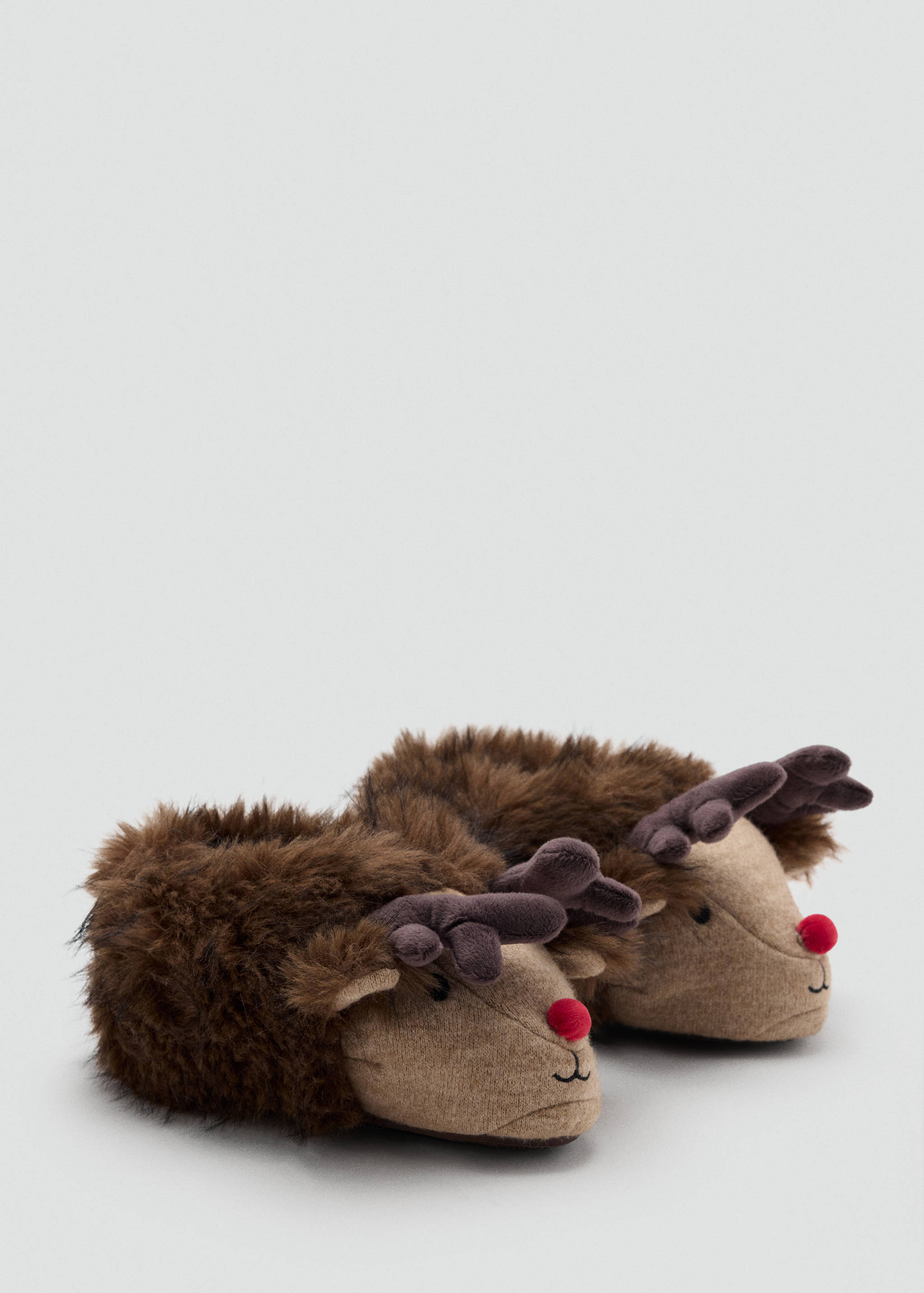 Children's brown reindeer novelty slippers with fluffy faux-fur trim and red noses.