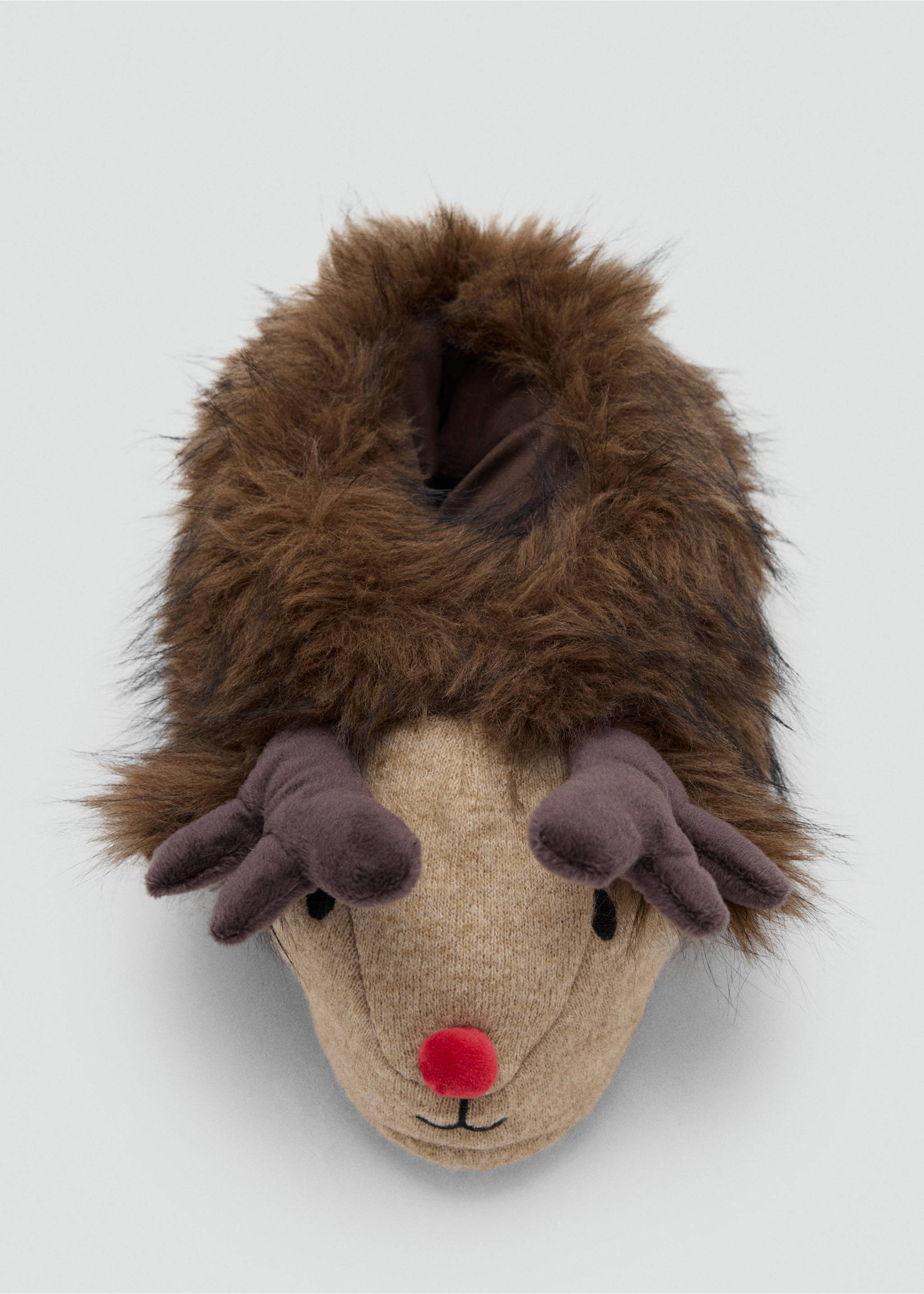 Children's brown faux-fur reindeer house slippers with plush antlers., Brown. Ref: 37039134-00.