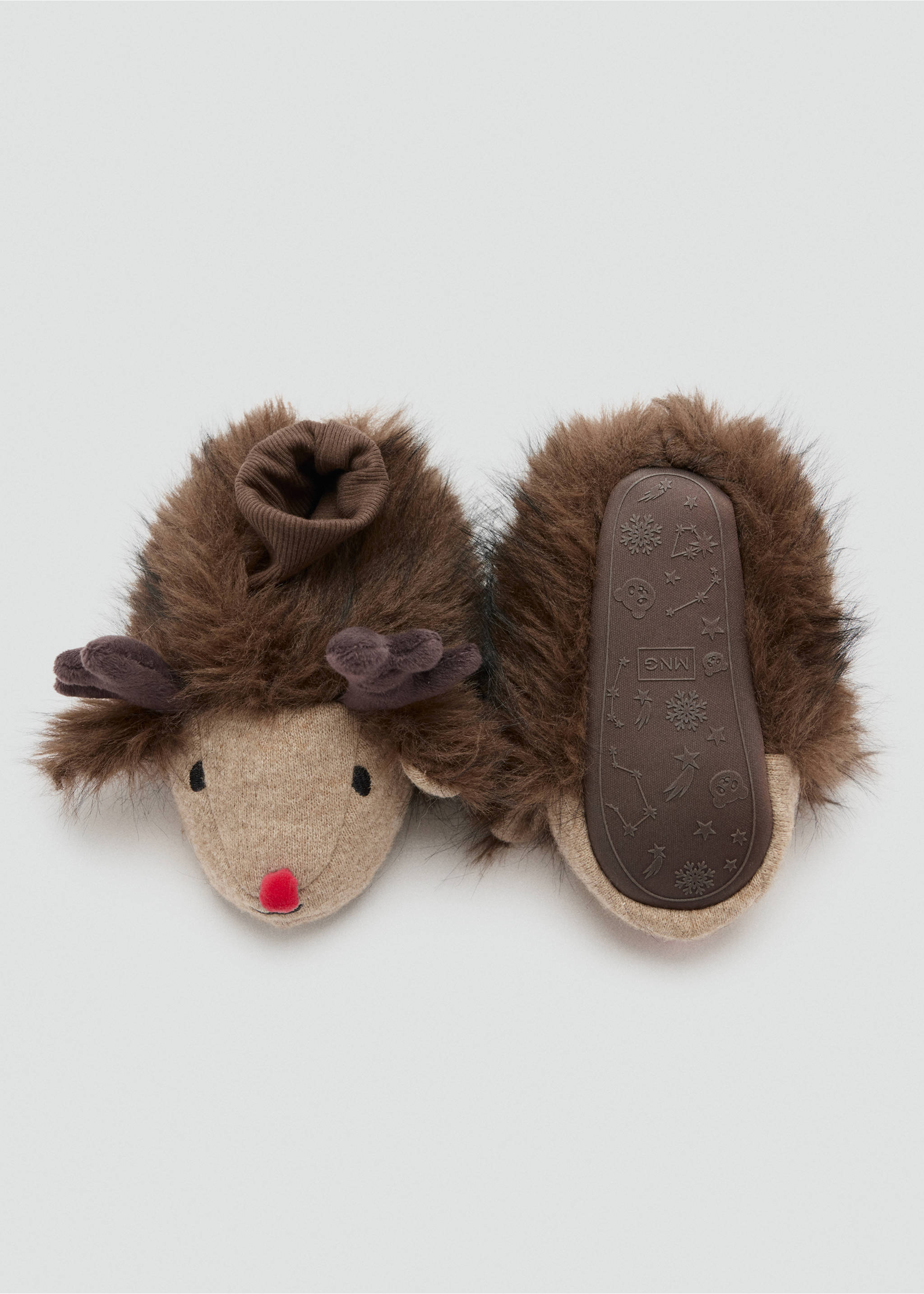 Children's reindeer indoor slippers in brown faux-fur with a red nose and textured sole., Brown. Ref: 37039134-00.