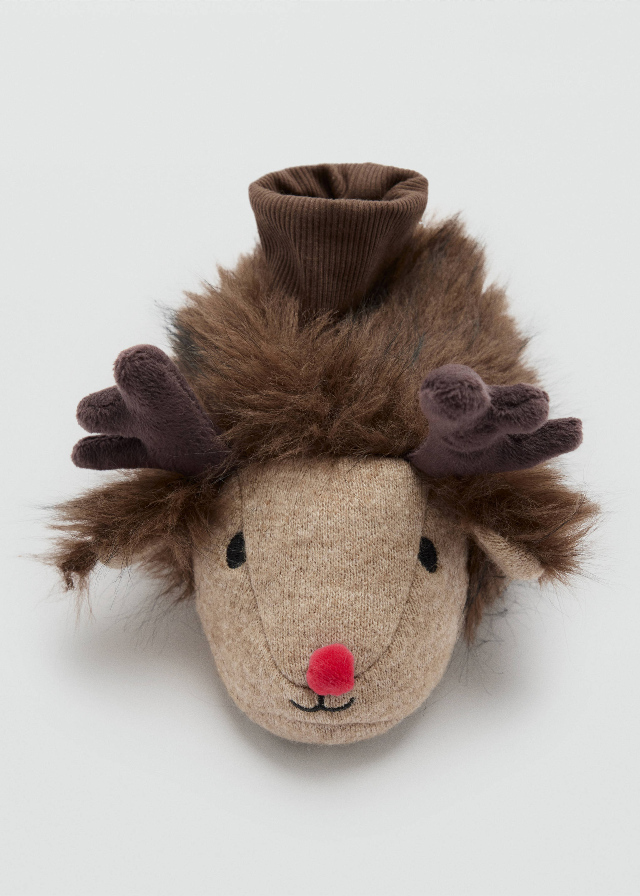 Brown faux-fur reindeer children's house slipper with a red pom-pom nose and antlers., Brown. Ref: 37039134-00.