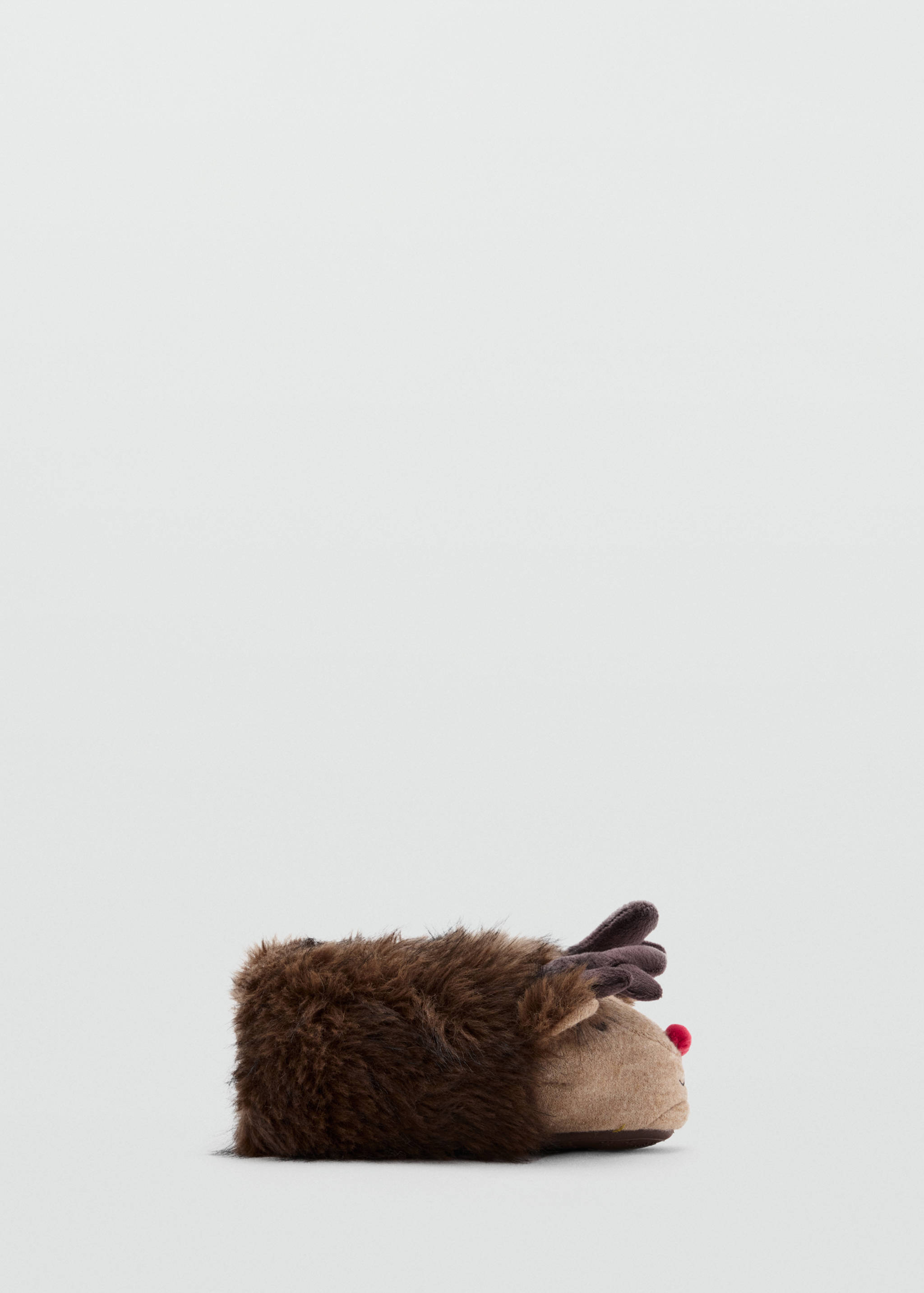 Brown faux-fur children's house slippers with reindeer details and a red nose.