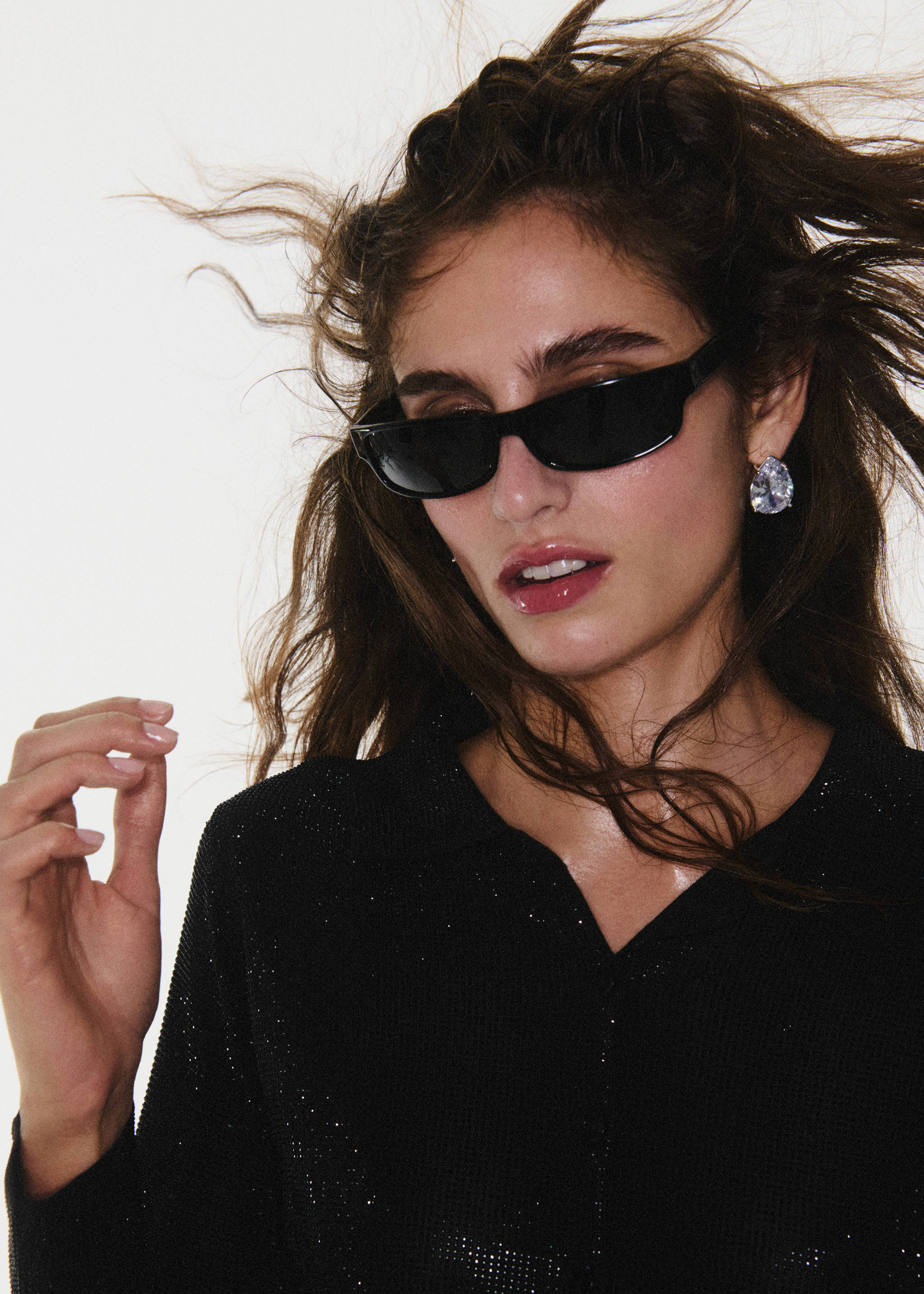 Black rectangular sunglasses worn by a model., Black. Ref: 37039139-00.