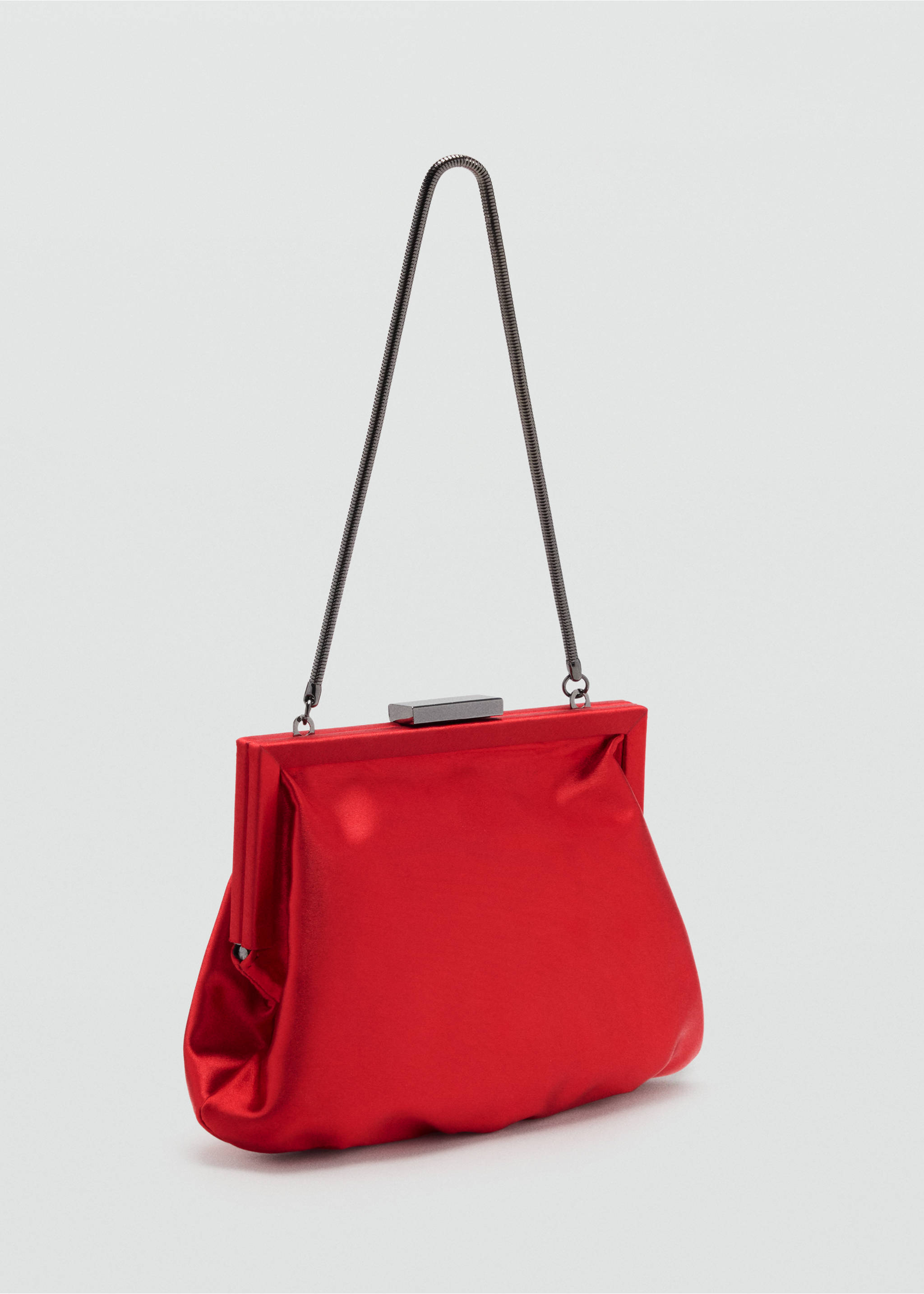 Red satin handbag with a rigid frame, dark metallic clasp, and a matching chain strap., Red. Ref: 37039141-00.