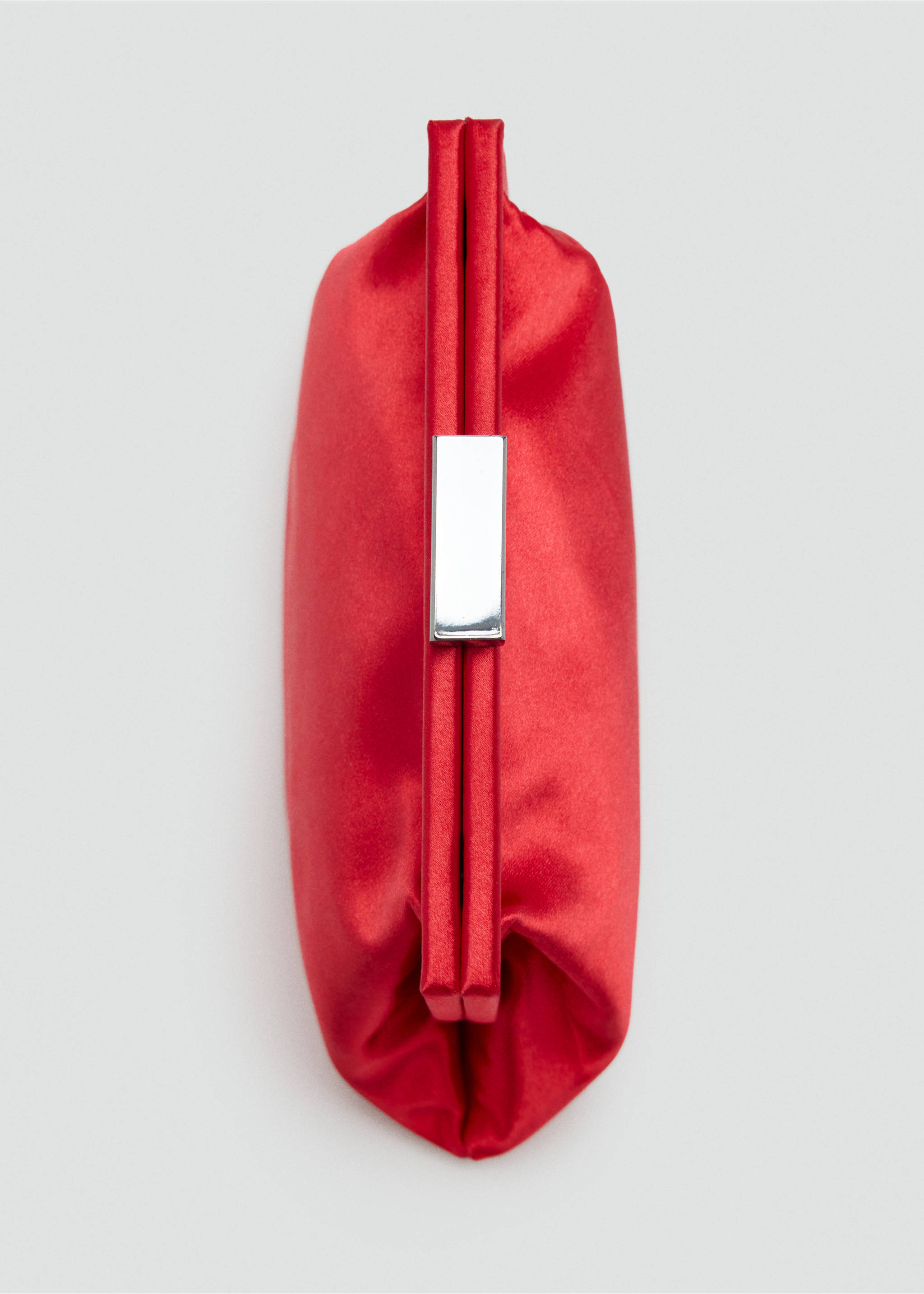Red satin clutch bag with a silver-tone metal clasp, shown in close-up., Red. Ref: 37039141-00.