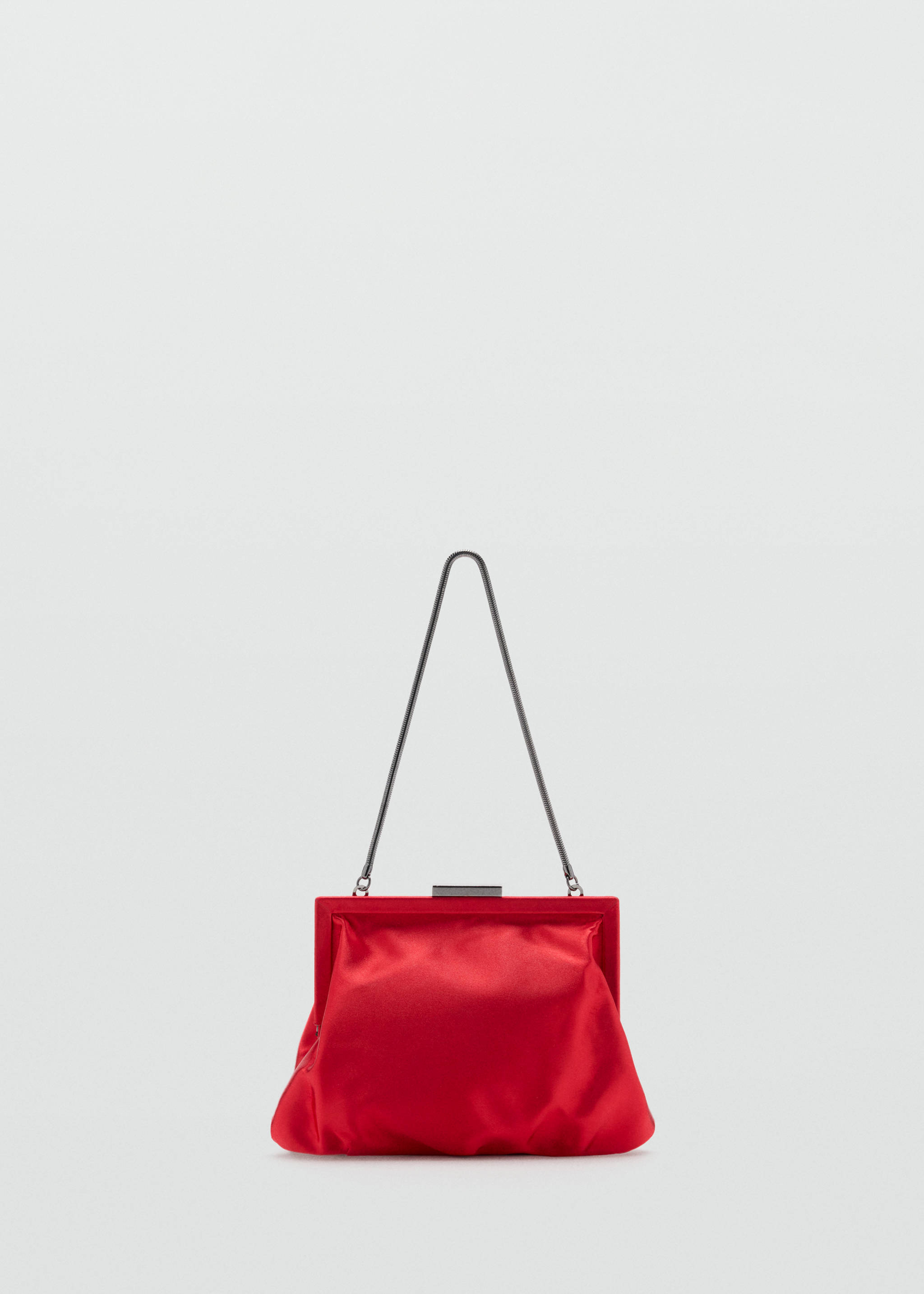 Red satin handbag with a structured frame and thin chain strap.