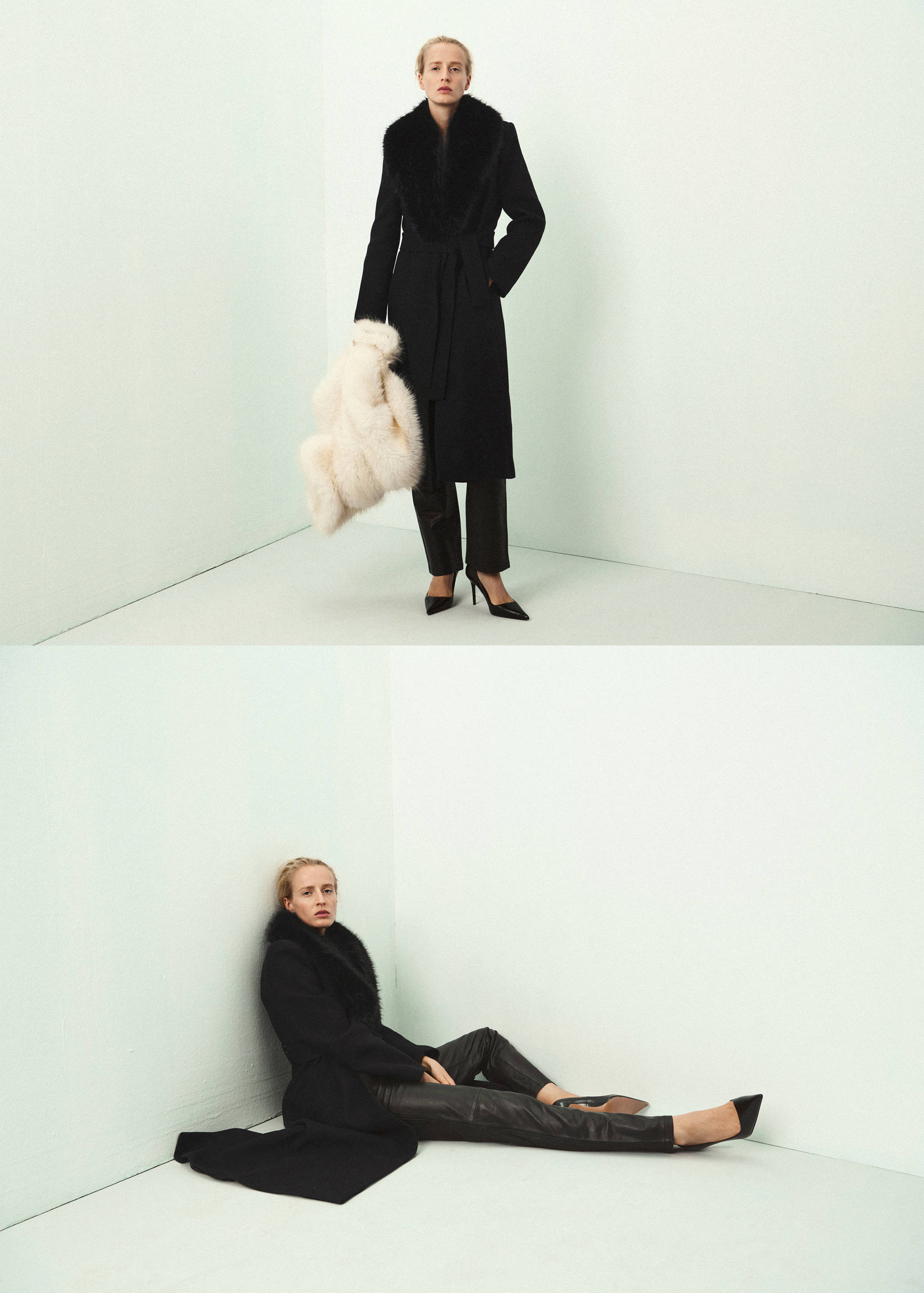 A long black coat with a faux-fur collar and a self-tie belt, worn in a two-part image.