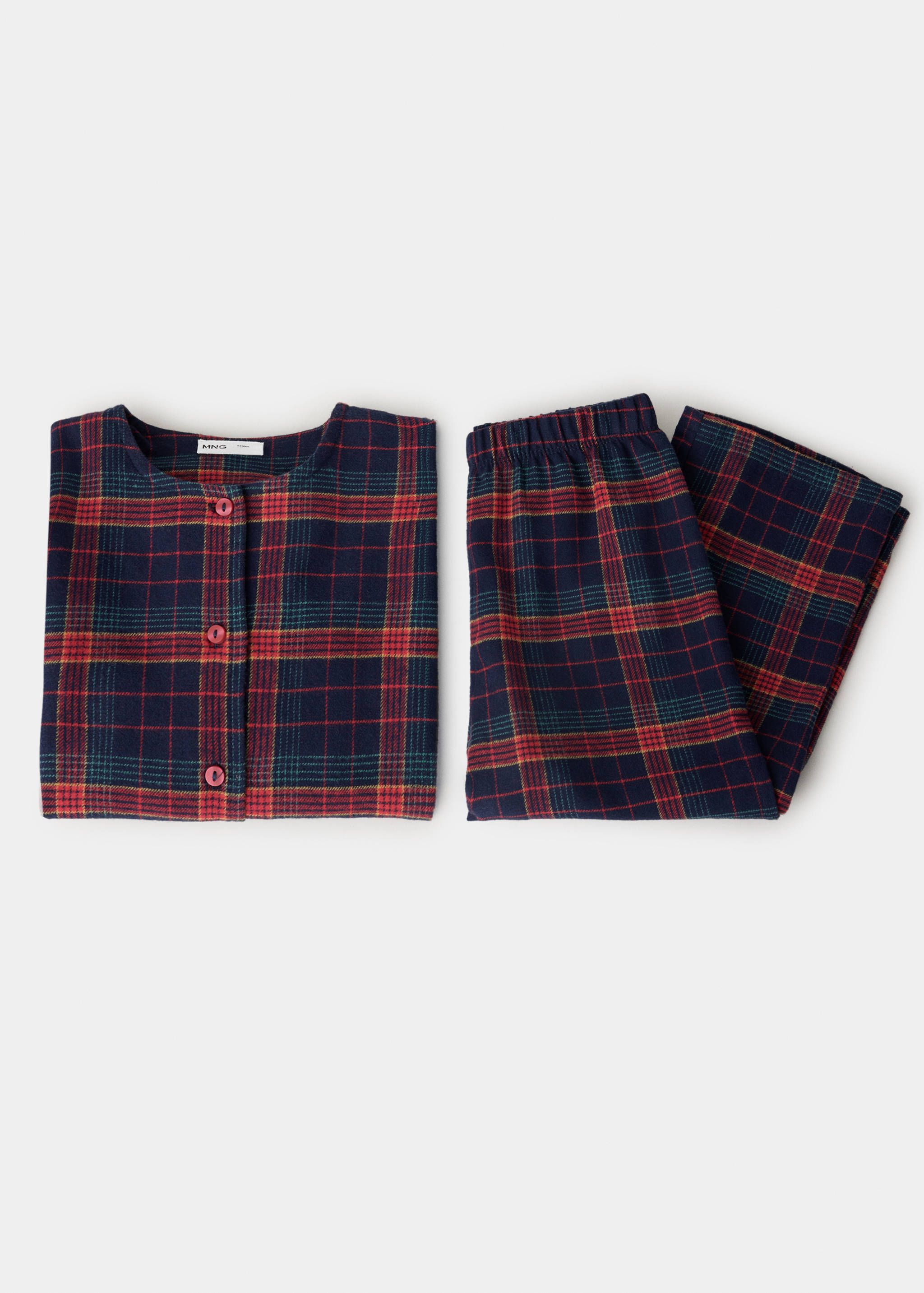 Kids' navy blue plaid pyjama set featuring a button-up top and trousers.