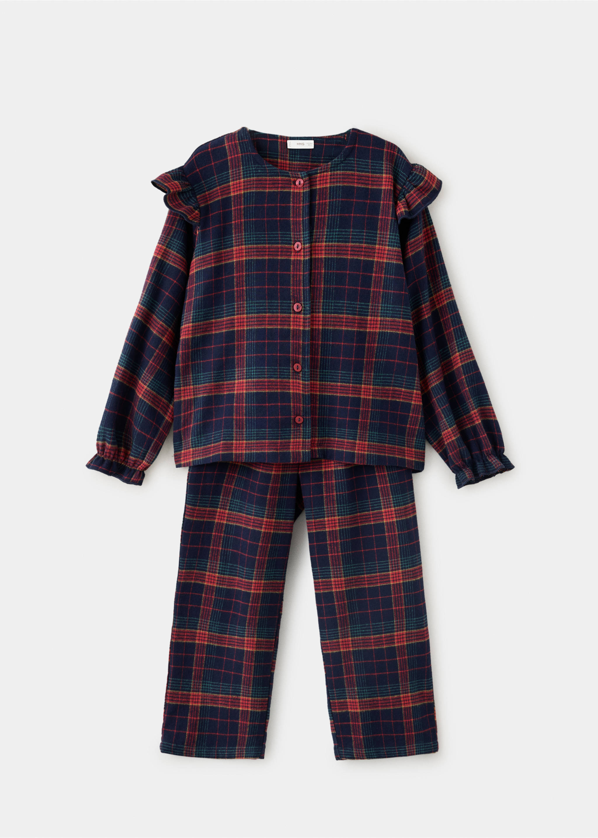 Kids' navy plaid pyjama set with ruffled shoulders and cuffs., Navy. Ref: 37039212-00.
