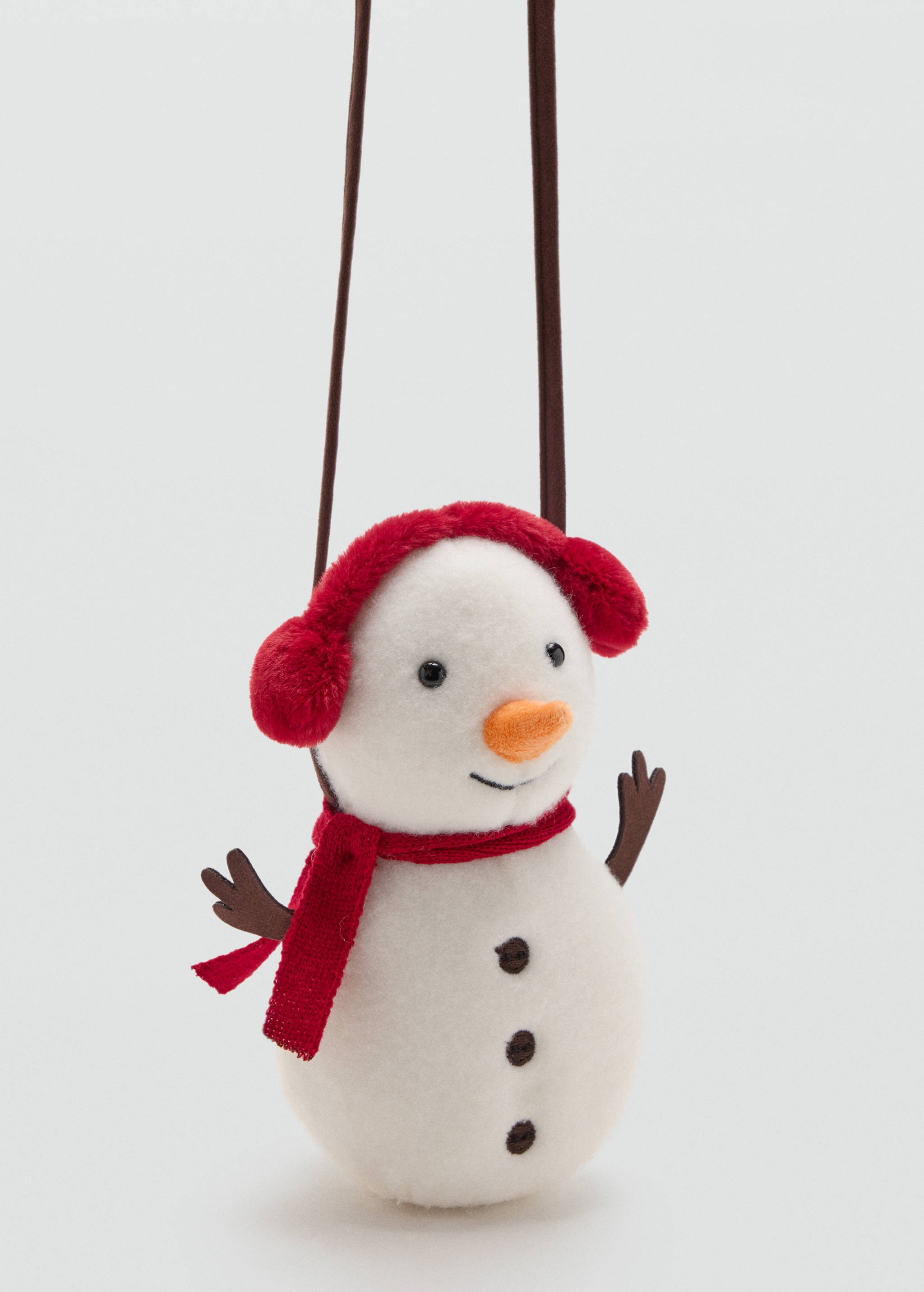 Snowman-shaped crossbody bag in white plush with a red scarf and earmuffs.