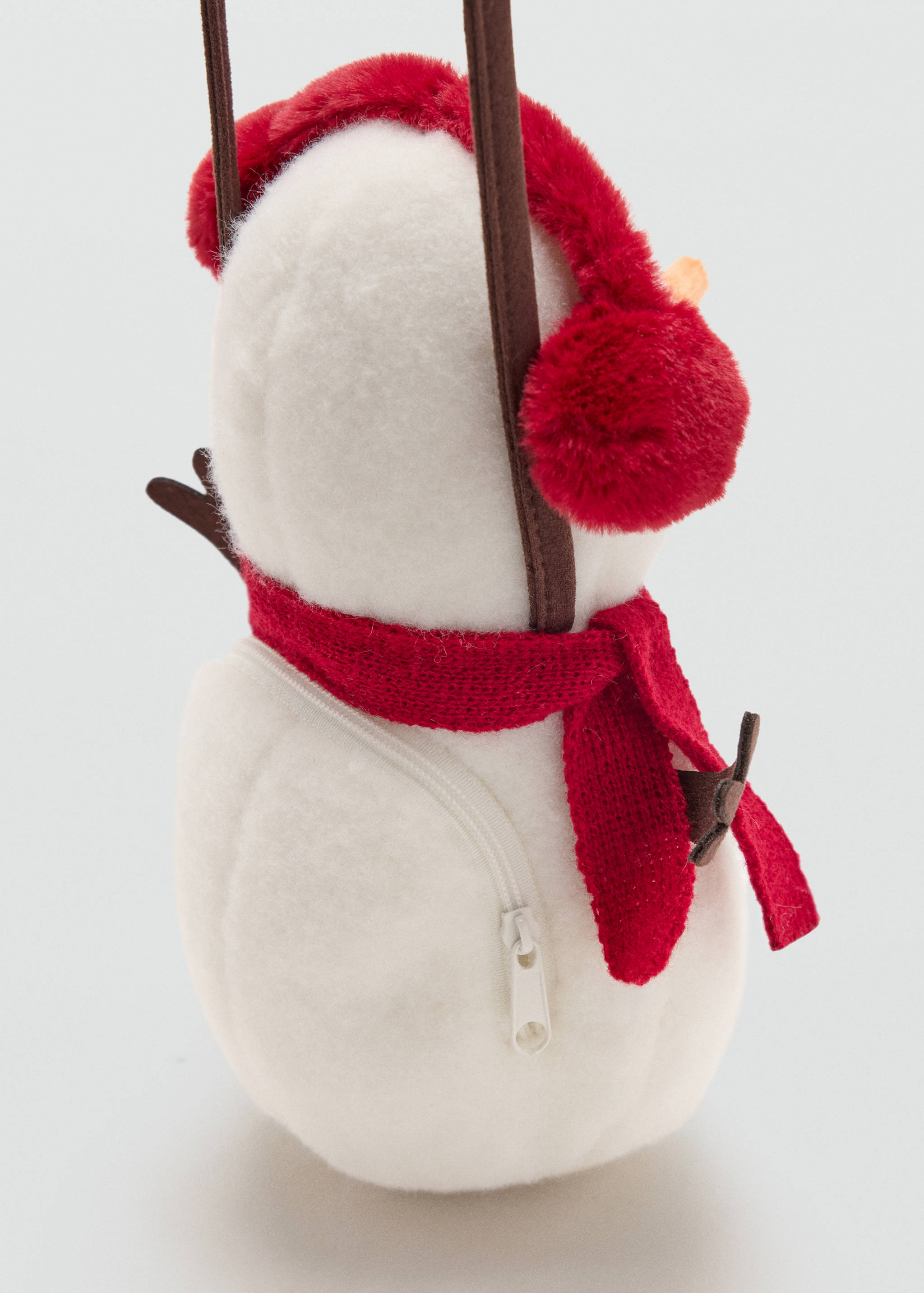 Snowman-shaped crossbody bag in white with red earmuffs and scarf.