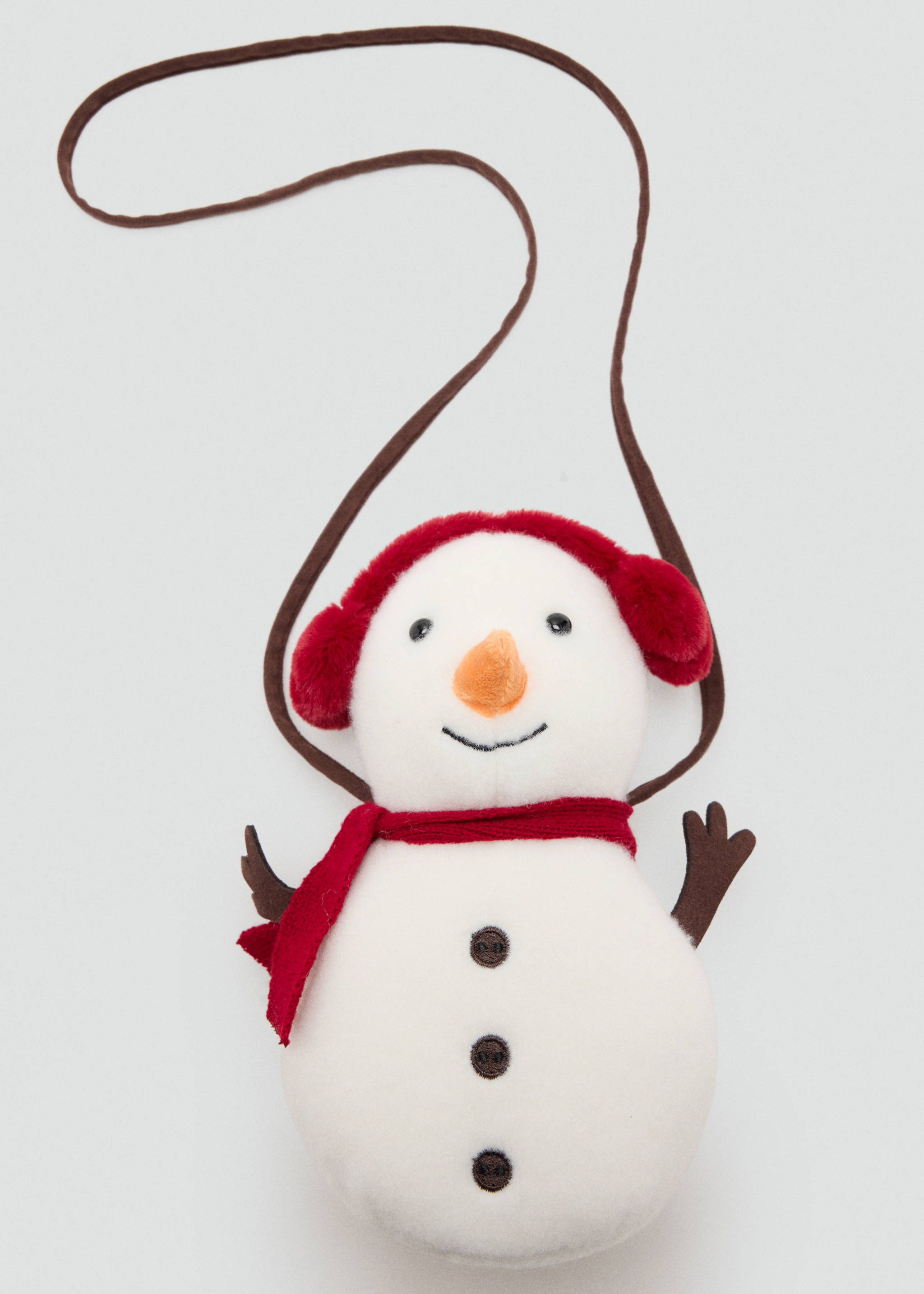Plush snowman cross-body bag in white with red earmuffs and scarf.