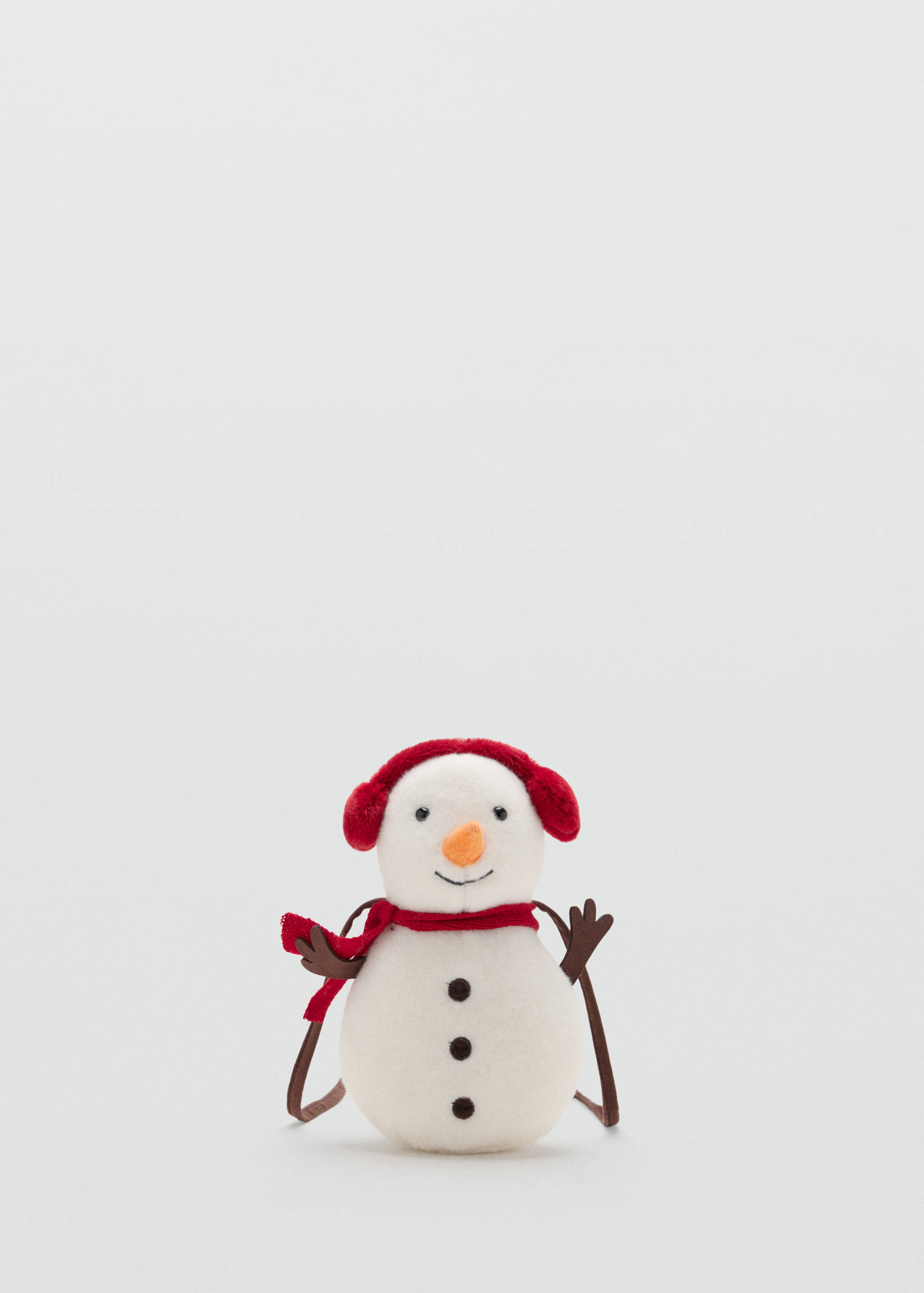 White plush snowman bag with red earmuffs and scarf.