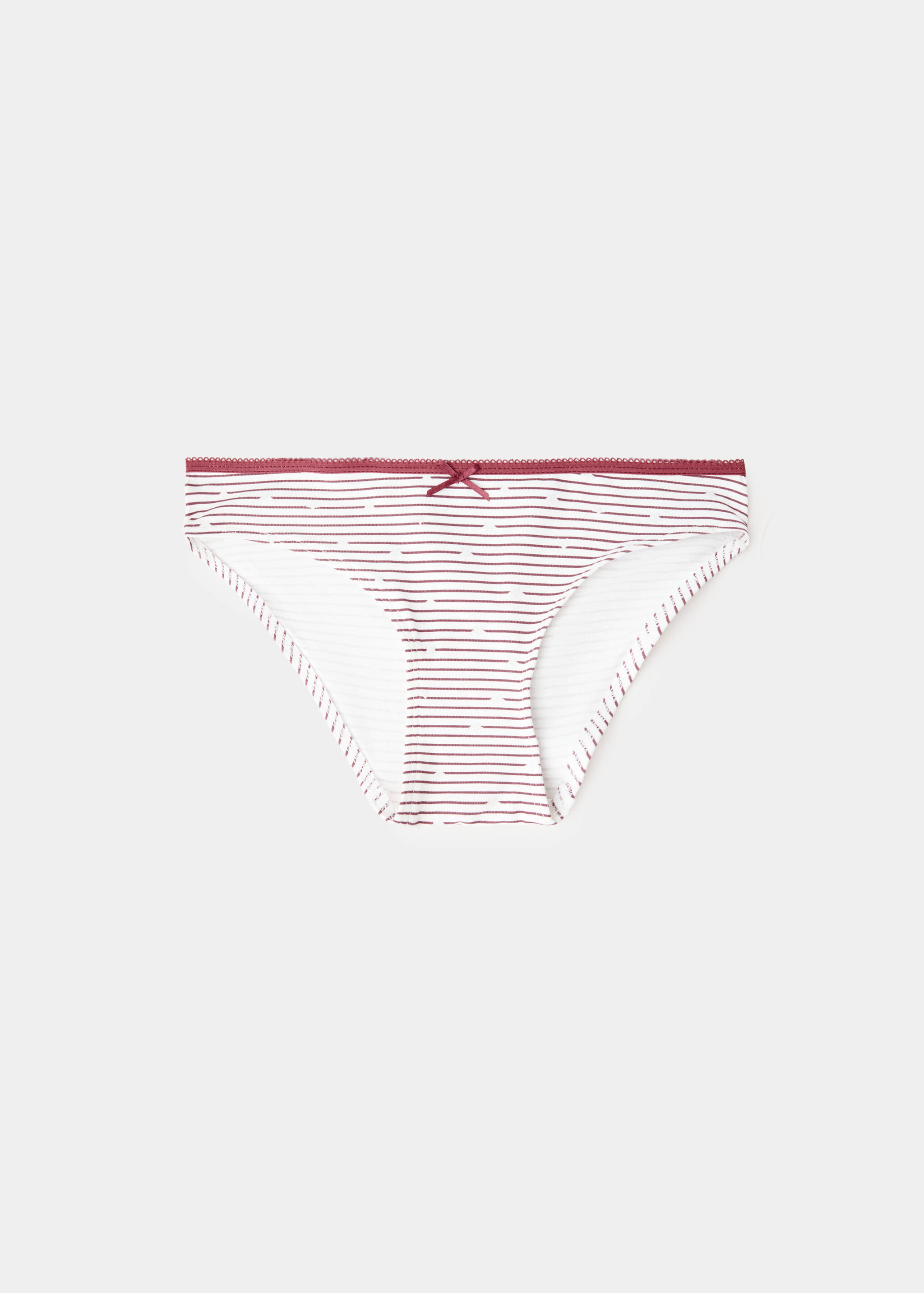 Striped briefs with a scalloped waistband and a small front bow.