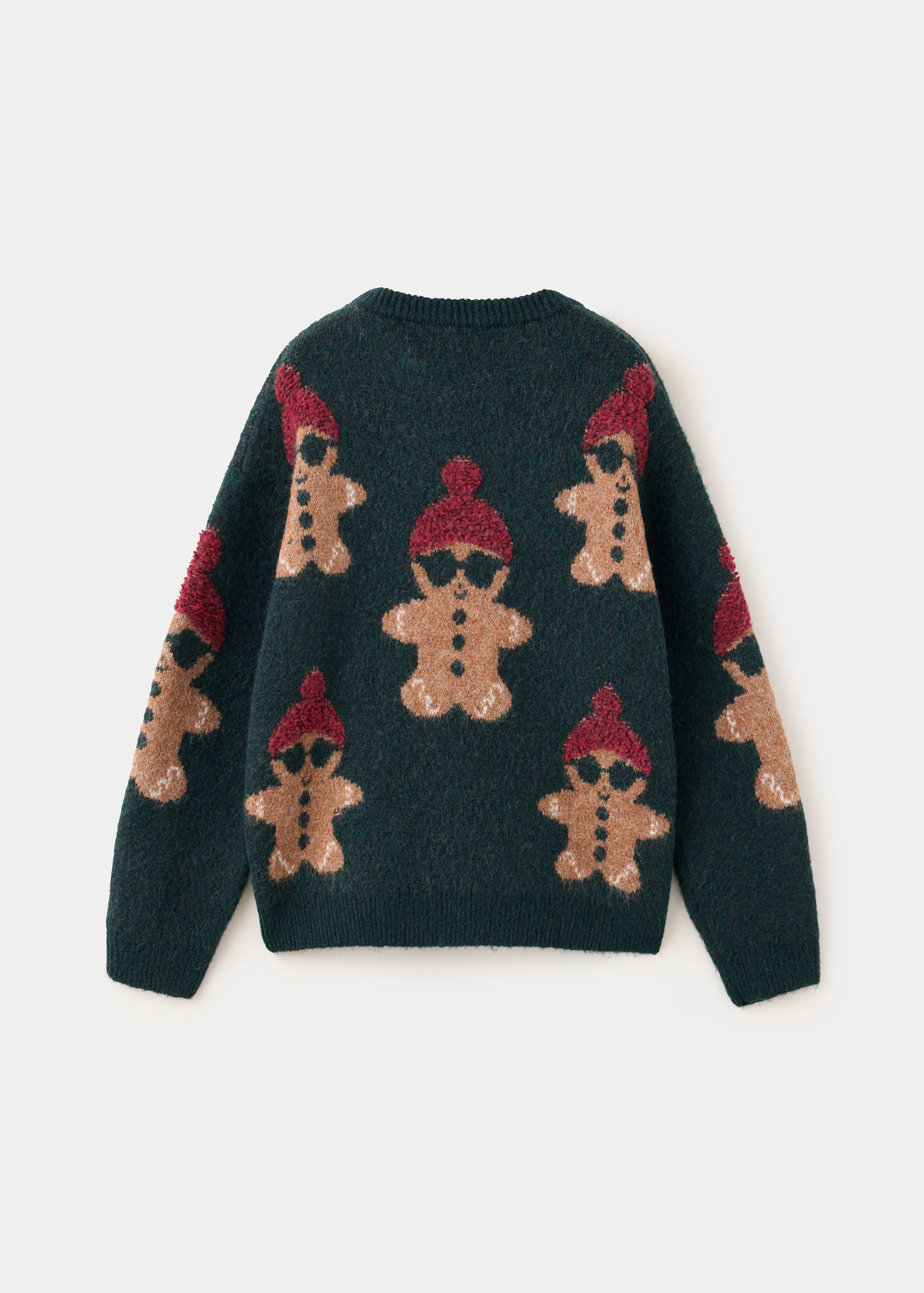 Dark green knitted jersey with gingerbread pattern, shown from the back.